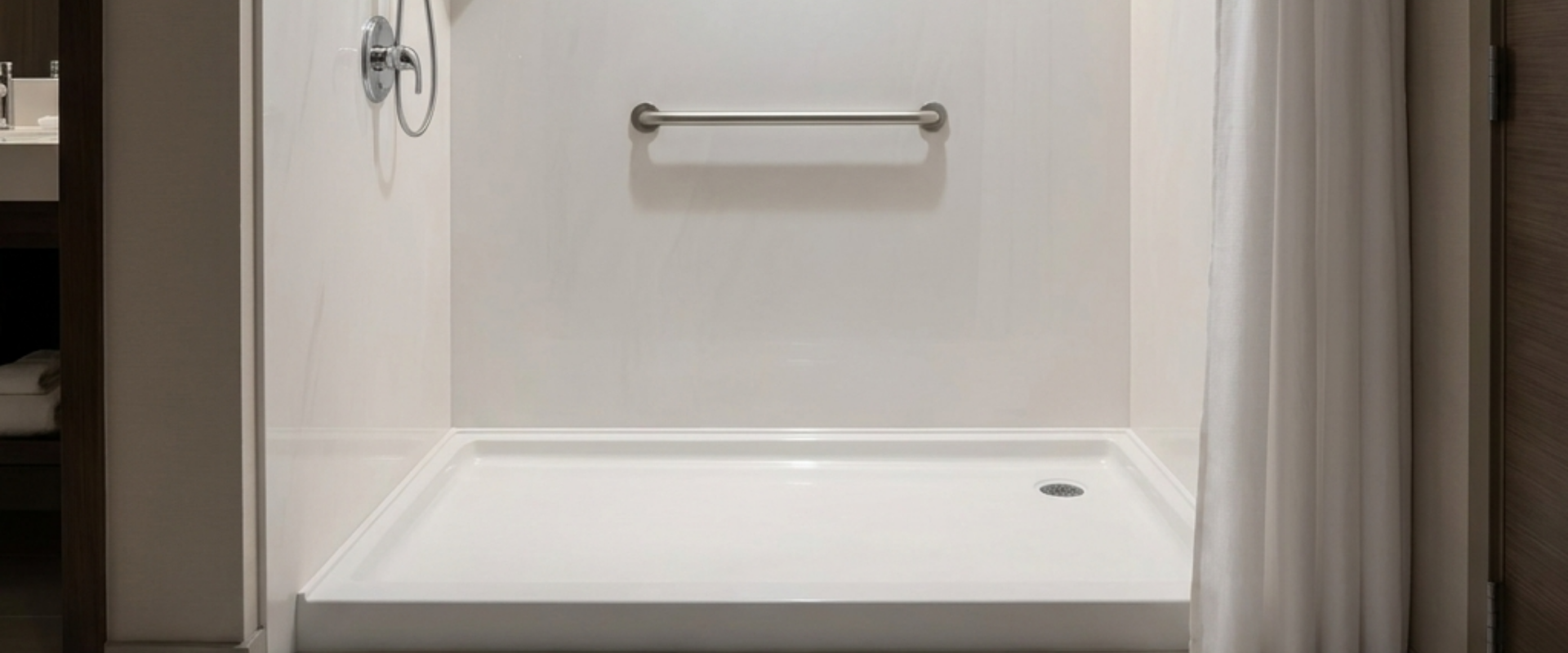 Cultured marble curbless shower pans for hotel renovation, boosting housekeeping efficiency and reducing maintenance costs.