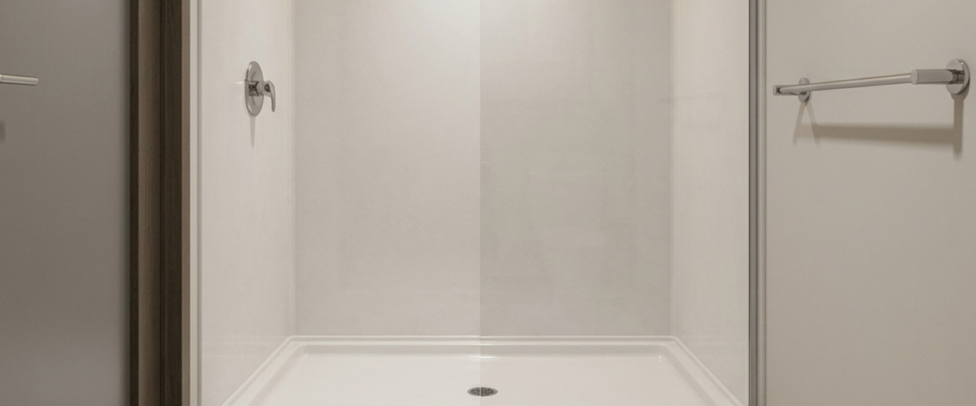 36x36 cultured marble shower pan. Compact center drain design for hospitality, hotel, and multifamily renovations.