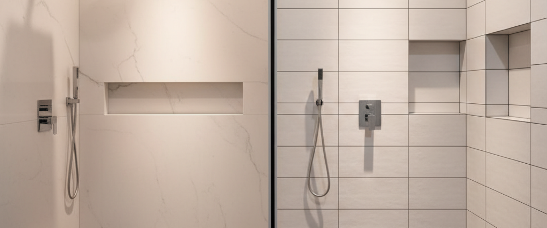 Cultured marble shower panels next to porcelain tile, highlighting key differences for B2B buyers like hotel owners.