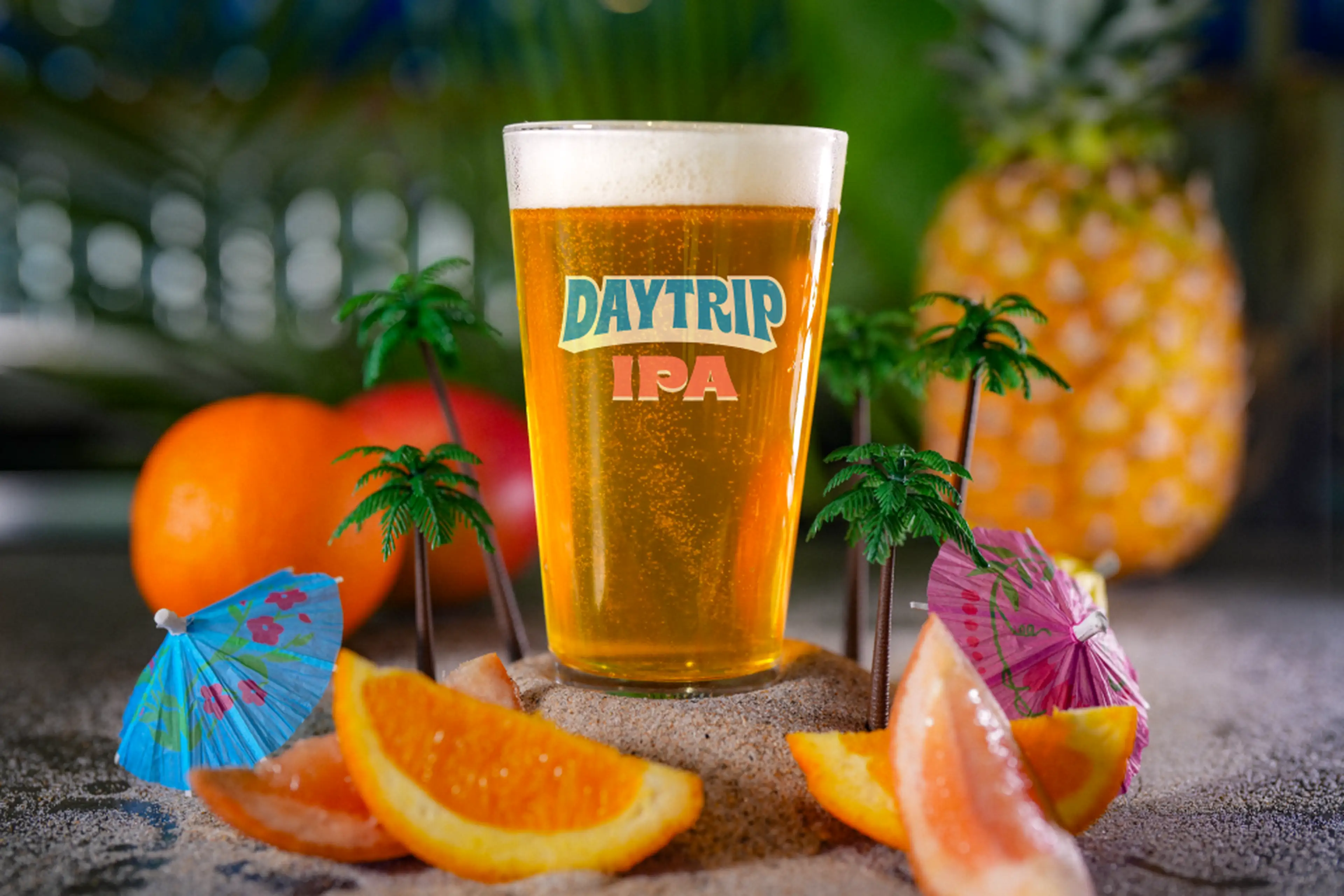 Sweetwater Daytrip beer in a glass with oranges around it