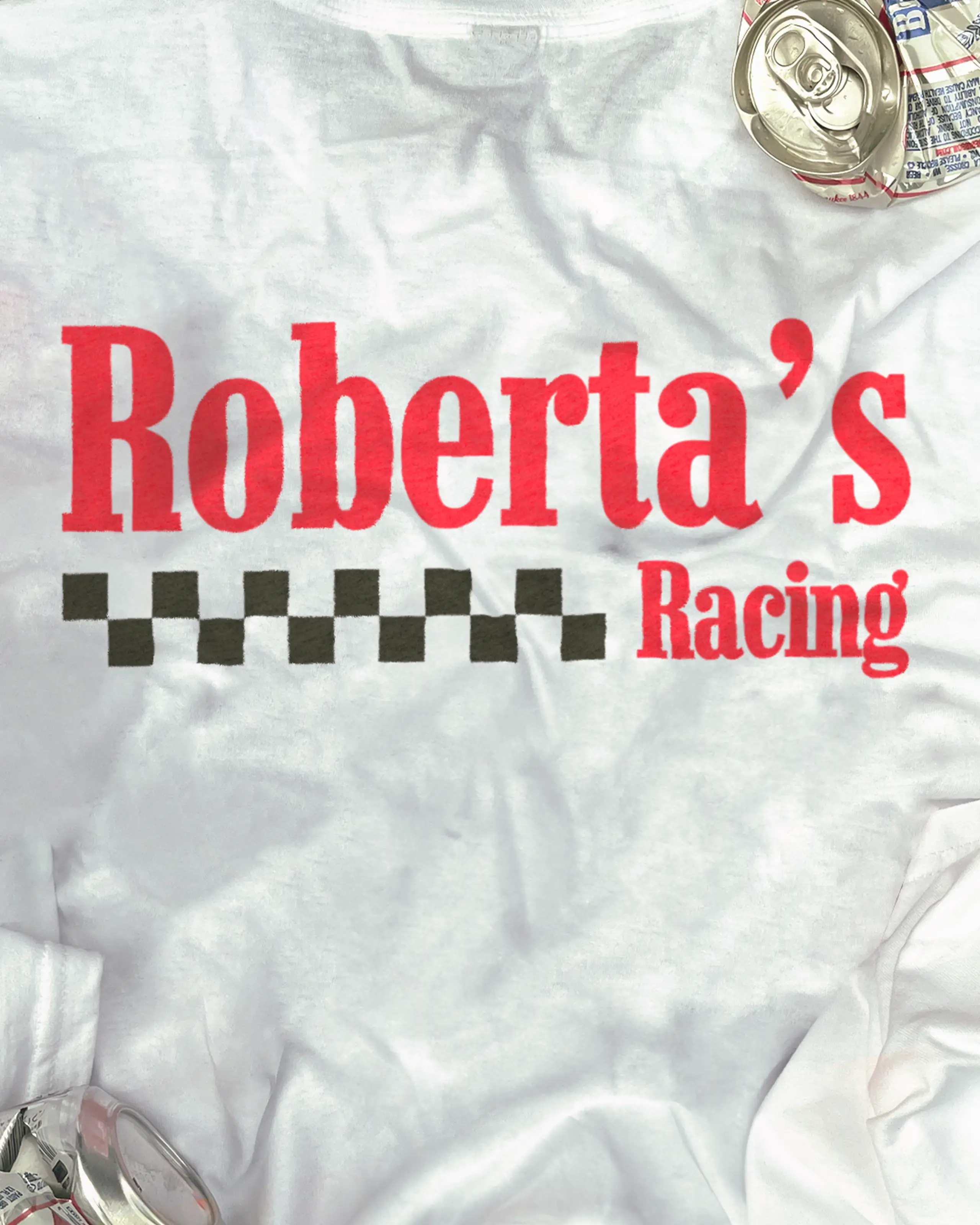 Roberta's racing design on the back of a white tee shirt