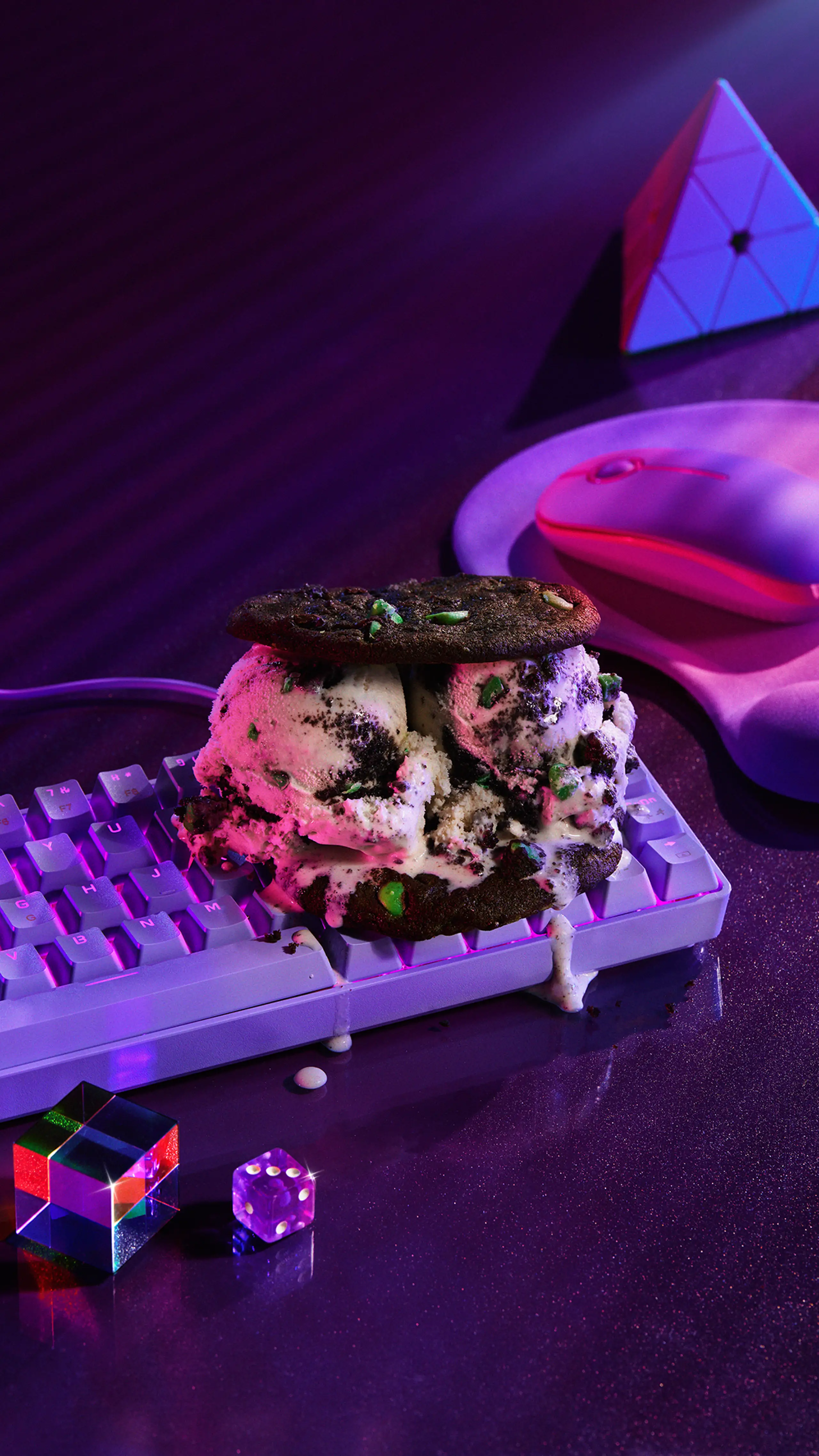 Cookie ice cream sandwich on a gaming desk