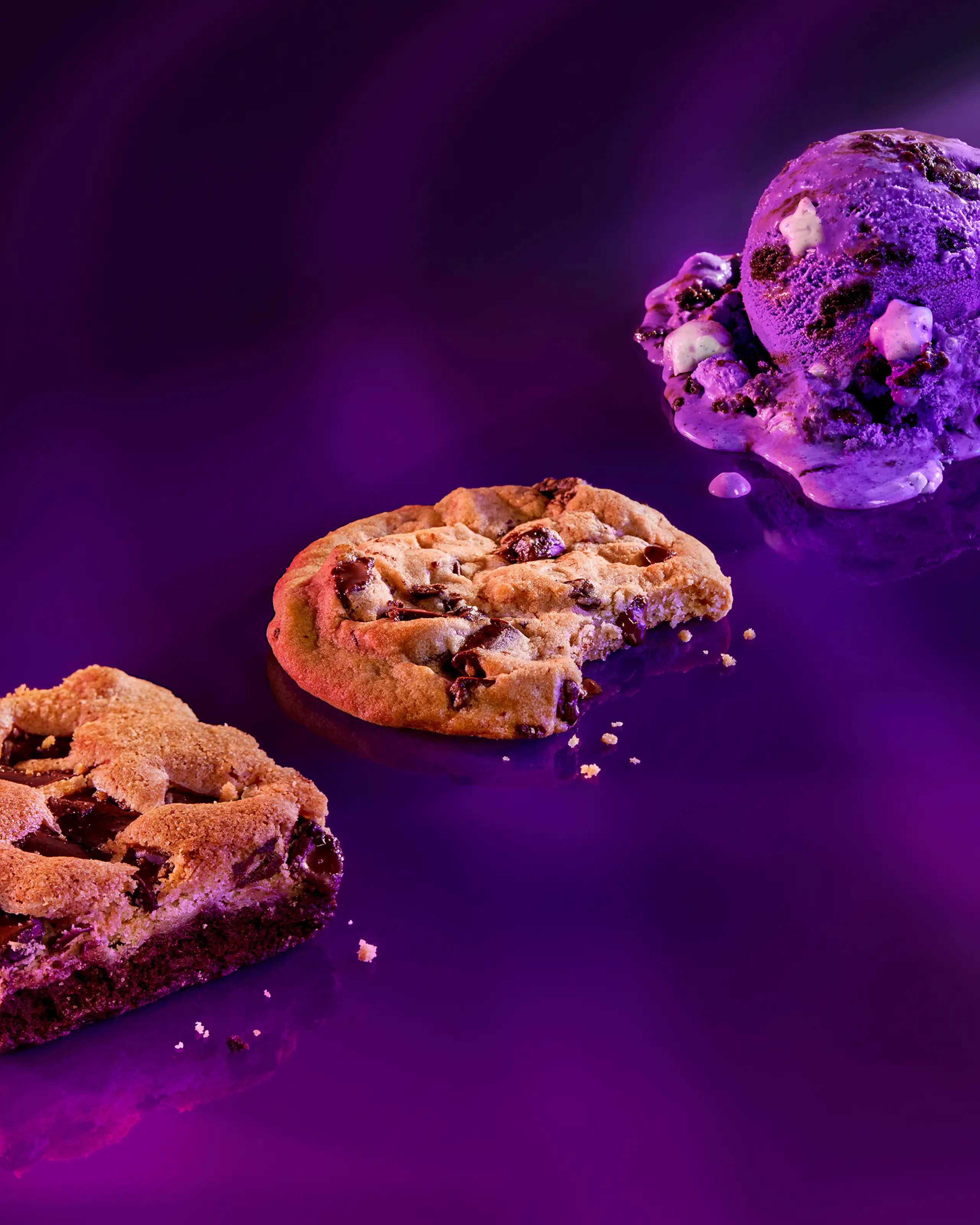Lineup of insomnia cookies, ice cream, and cookie bar