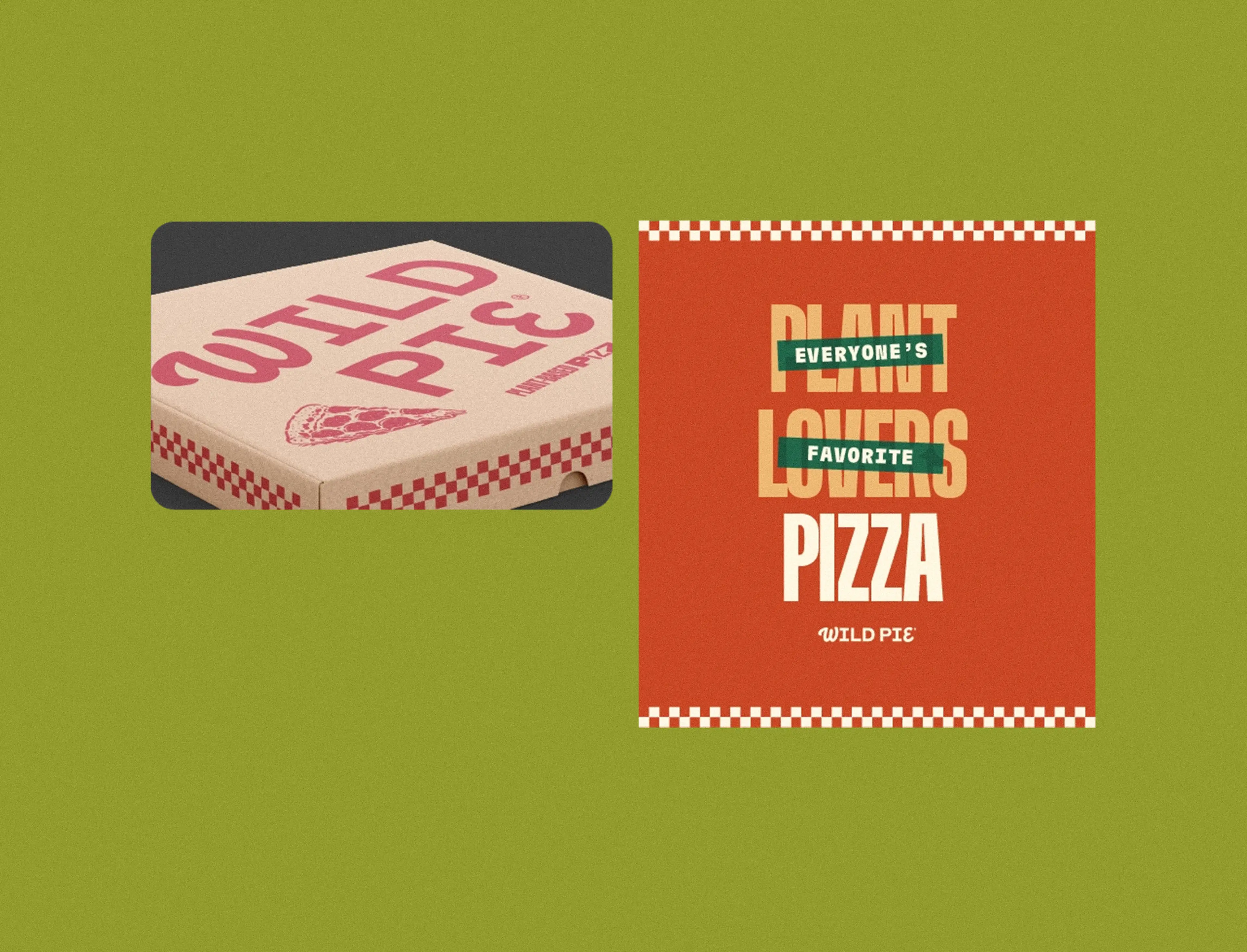 Pizza box with "WILD PIE" design and red-checkered edges. Text: "Everyone's Favorite Plant Lovers Pizza."