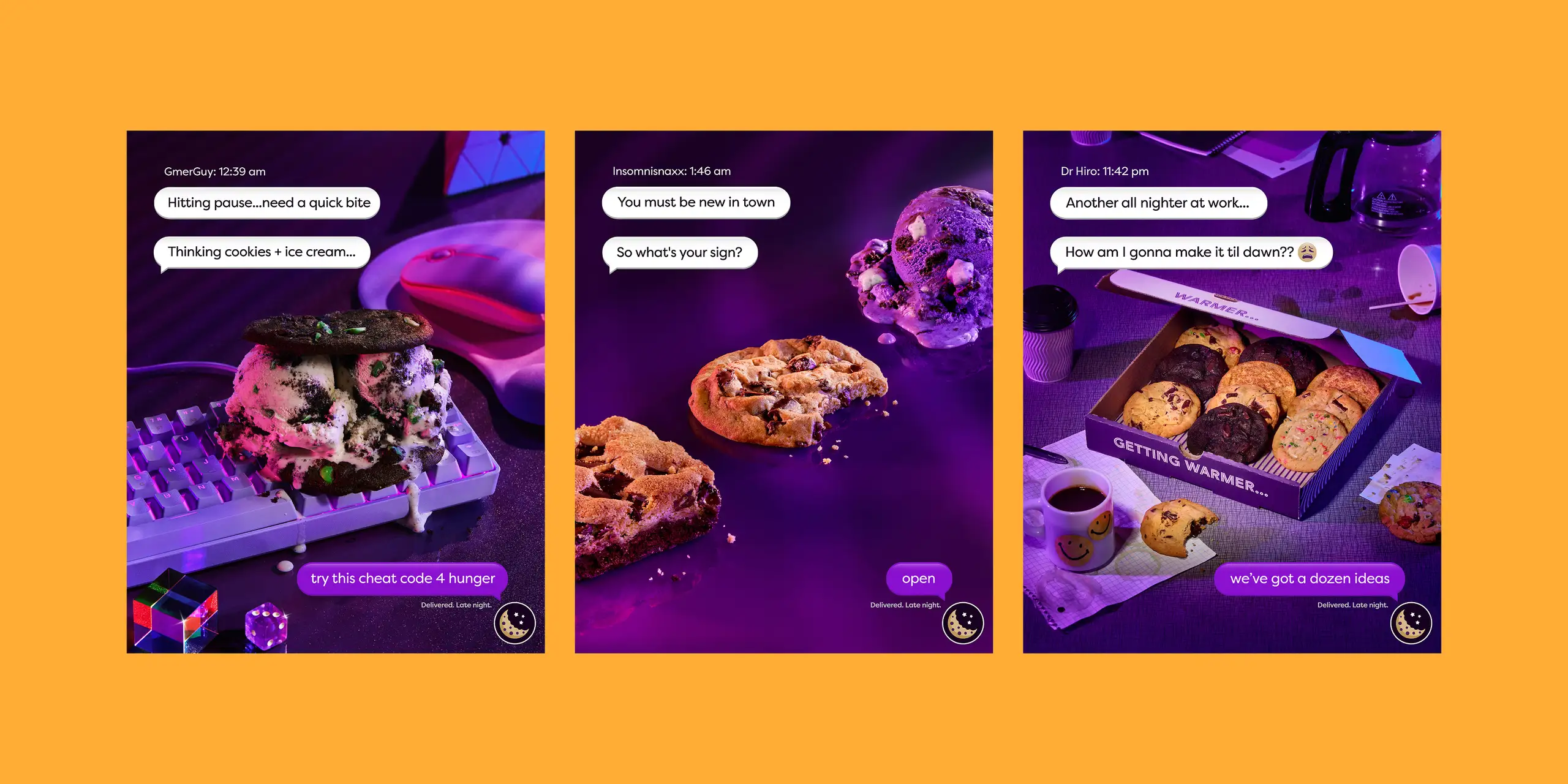 The night is yum social posts for gamers, nurses, and late night eats
