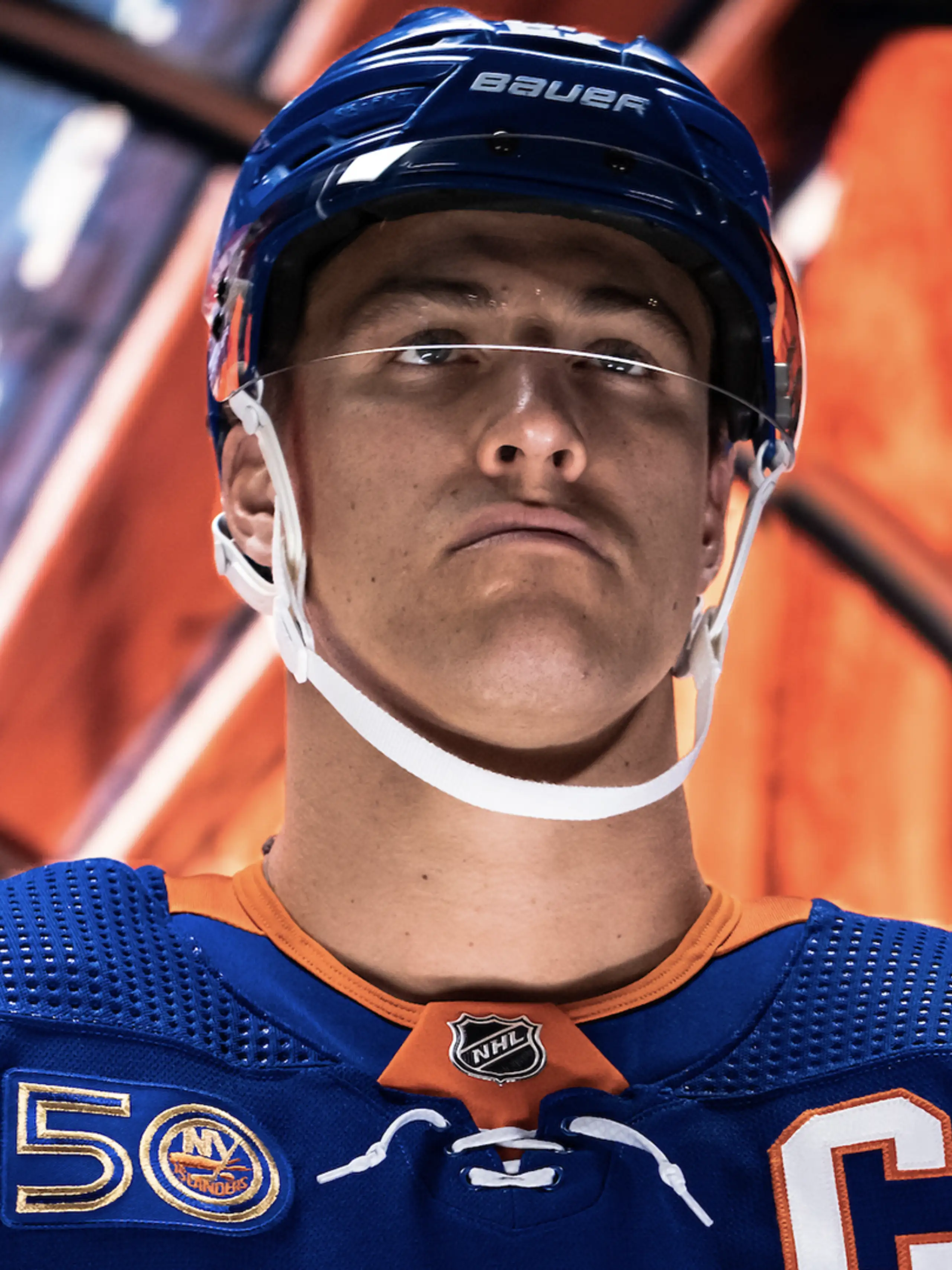 New York Islanders player closeup wearing the 50th anniversary jersey