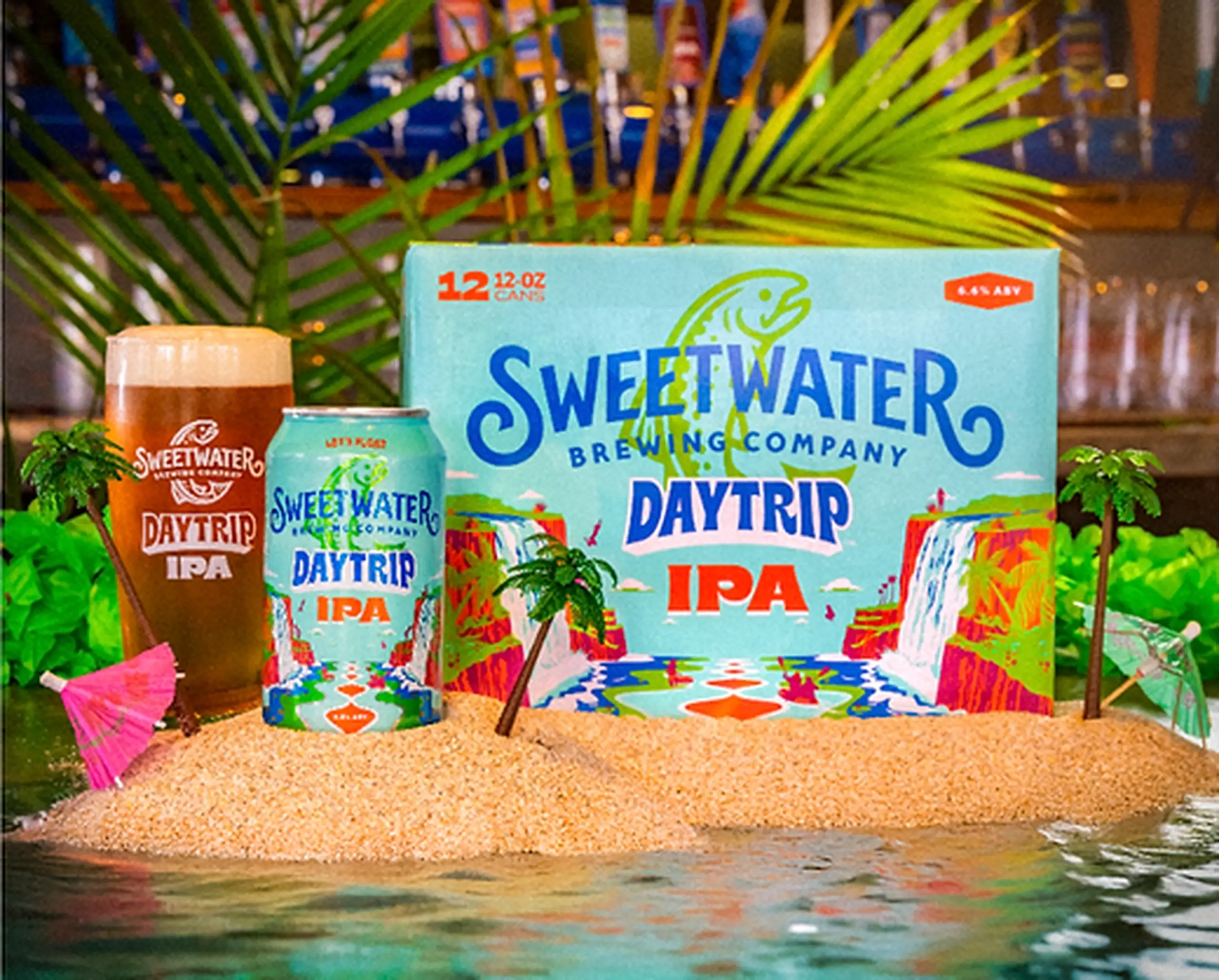 Sweetwater Daytrip packaging in a tropical setting