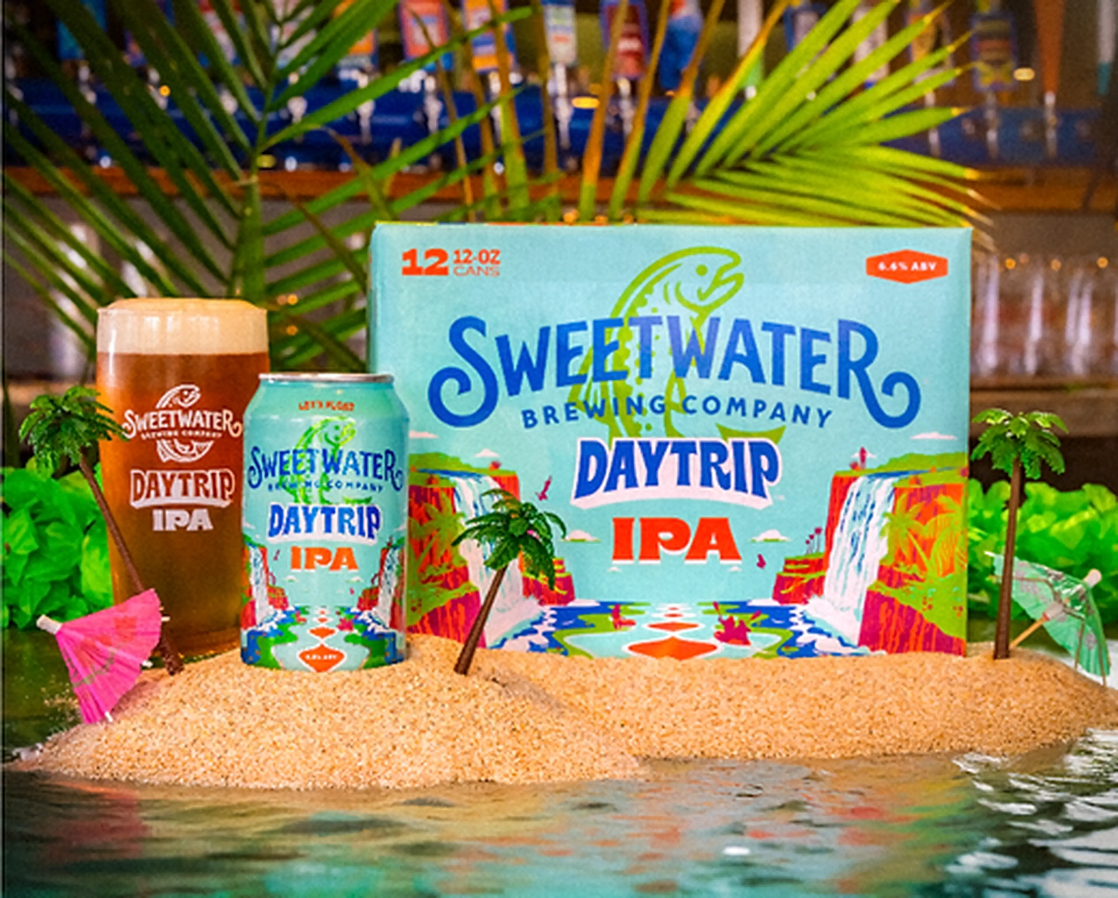 Sweetwater Daytrip packaging in a tropical setting