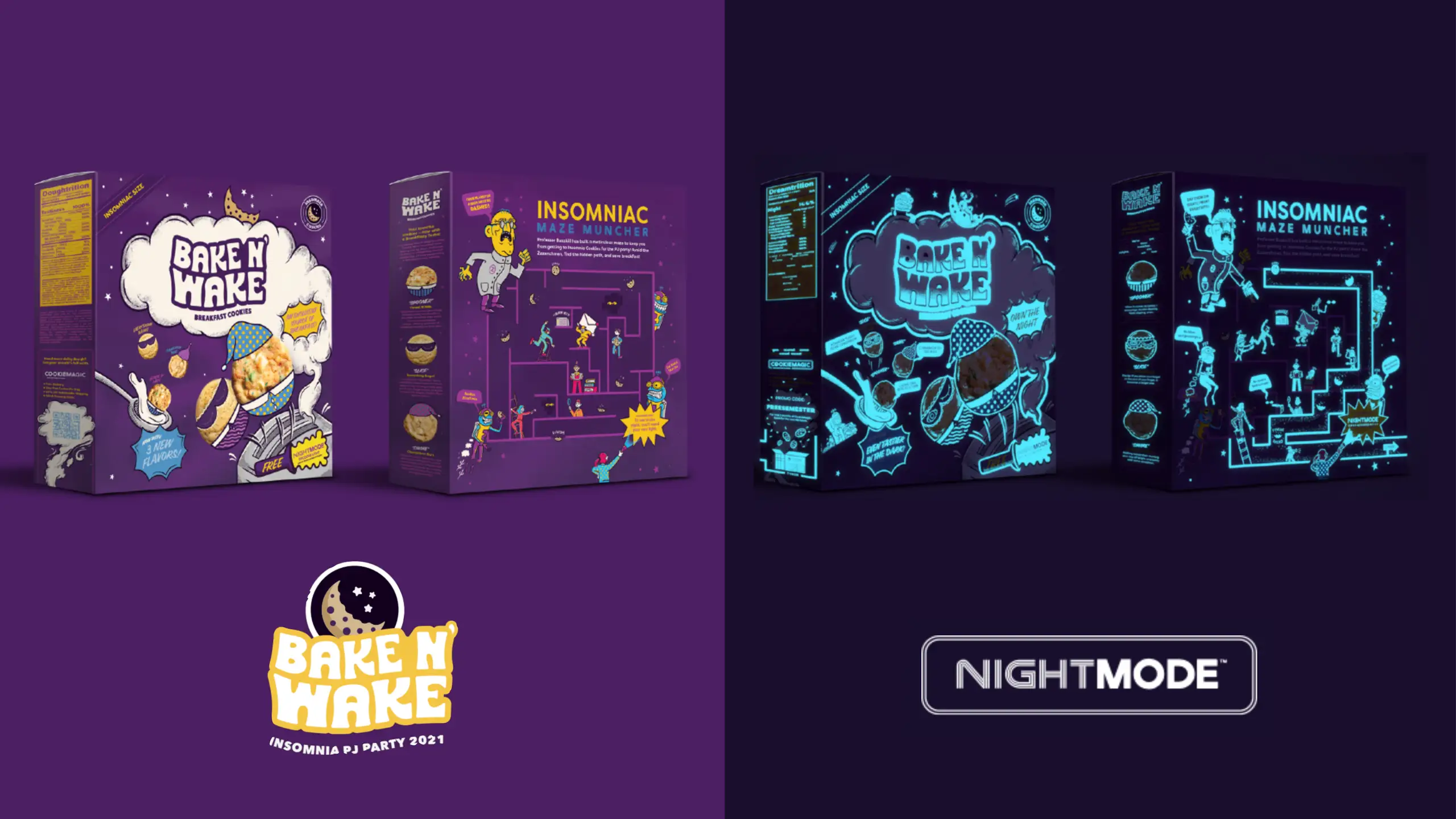 Insomnia Cookie box designed in vintage cereal style and when placed in the dark, the box glows.