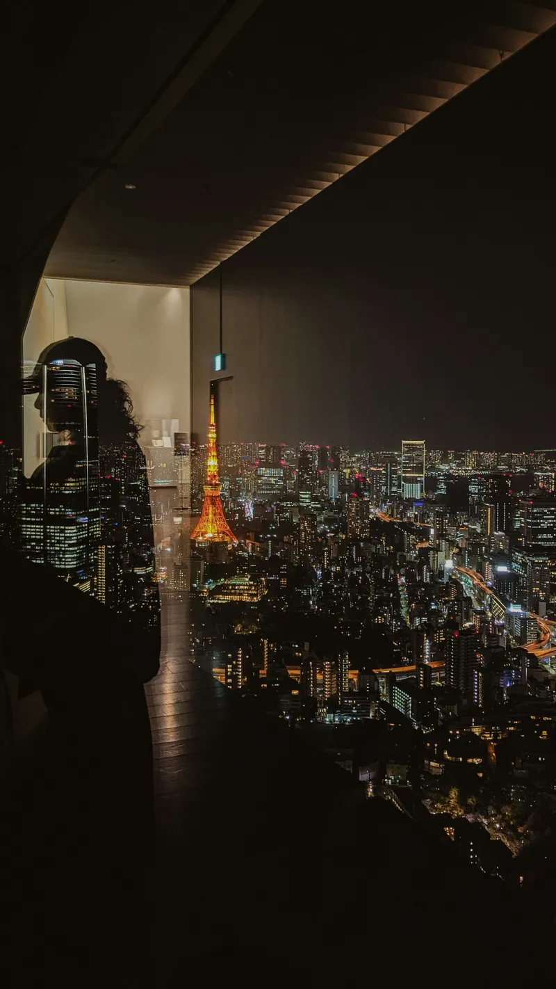 Cityscape at night with illuminated Tokyo Tower, seen through a window. A silhouette of a person is visible, reflecting indoors.
