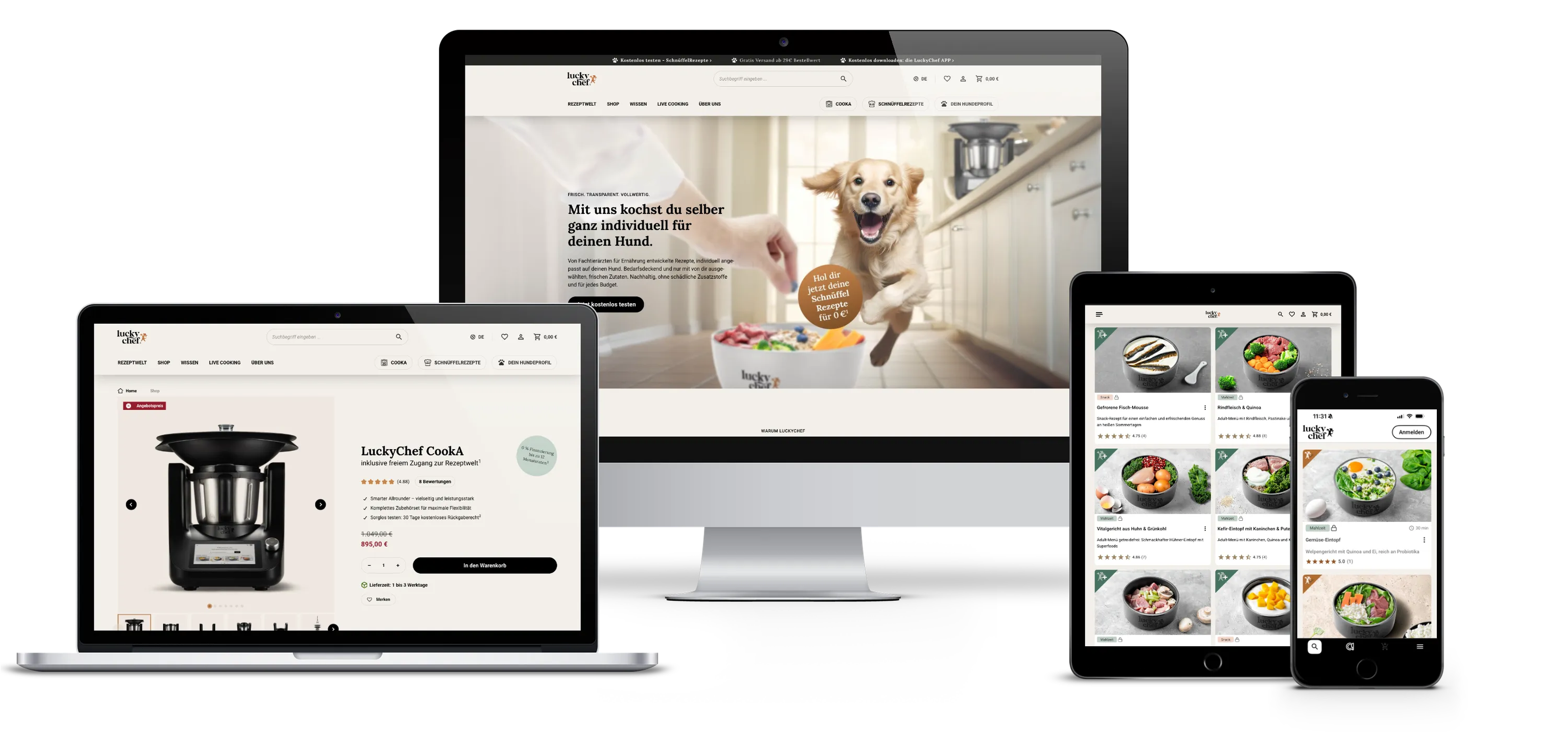 Responsive website design for LuckyChef shown on desktop, laptop, tablet, and mobile devices