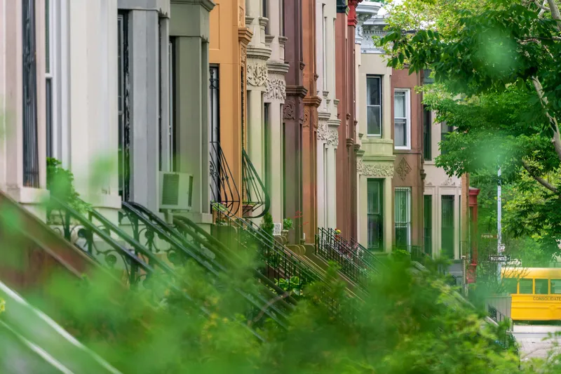 Brownstone row with stoops and greenery