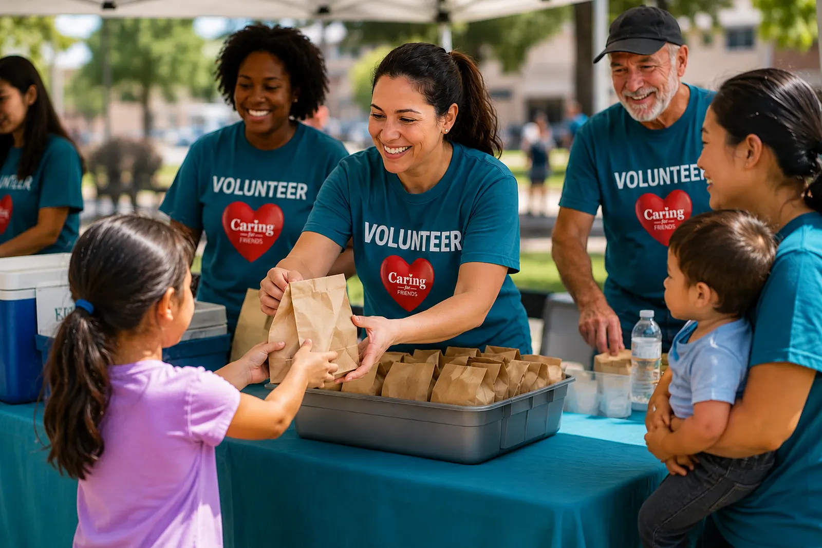 Caring for Friends volunteers packing meals together