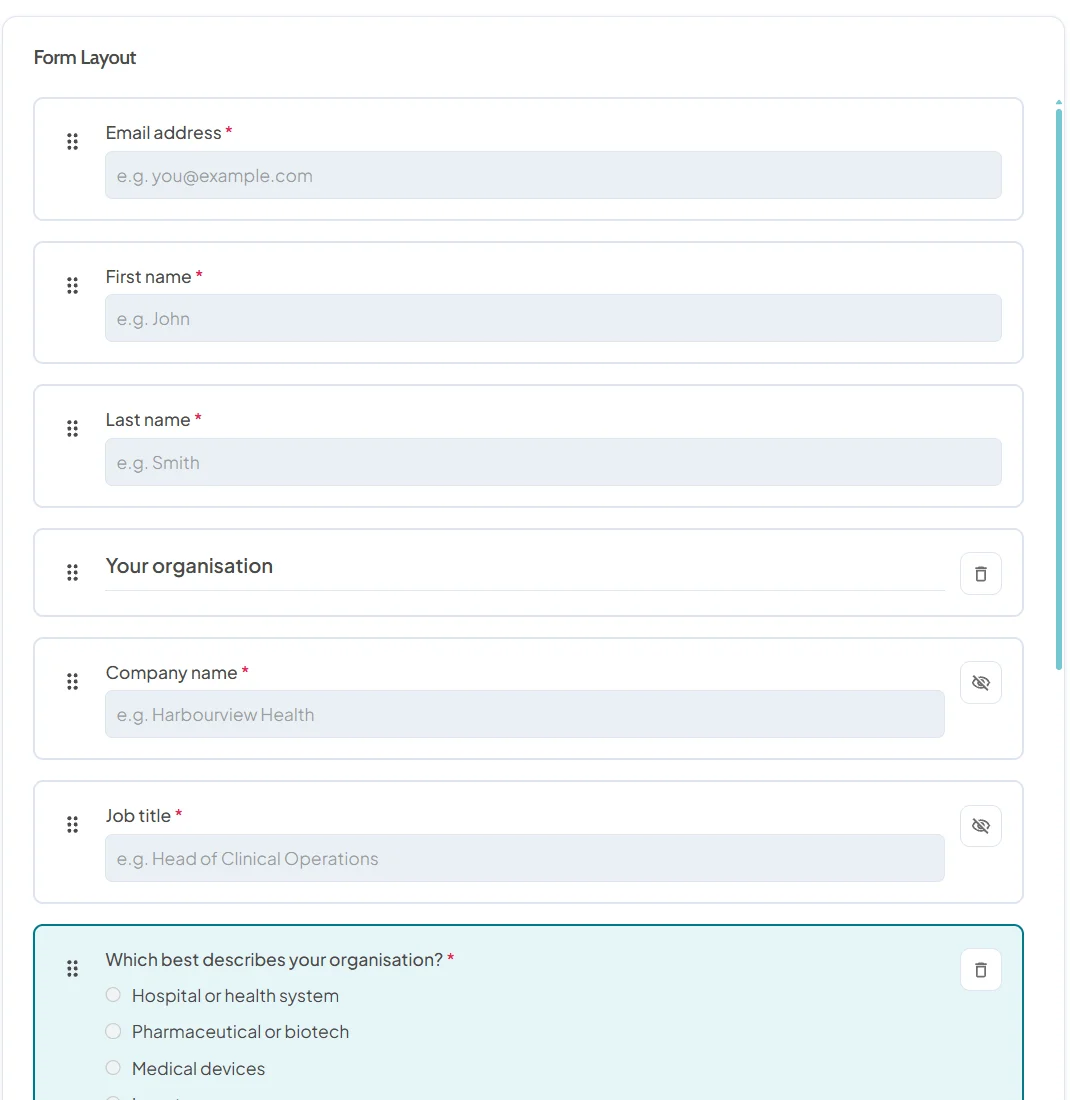 Registration form layout with email, name, company and job title fields, a section heading and a selected single choice question with its options
