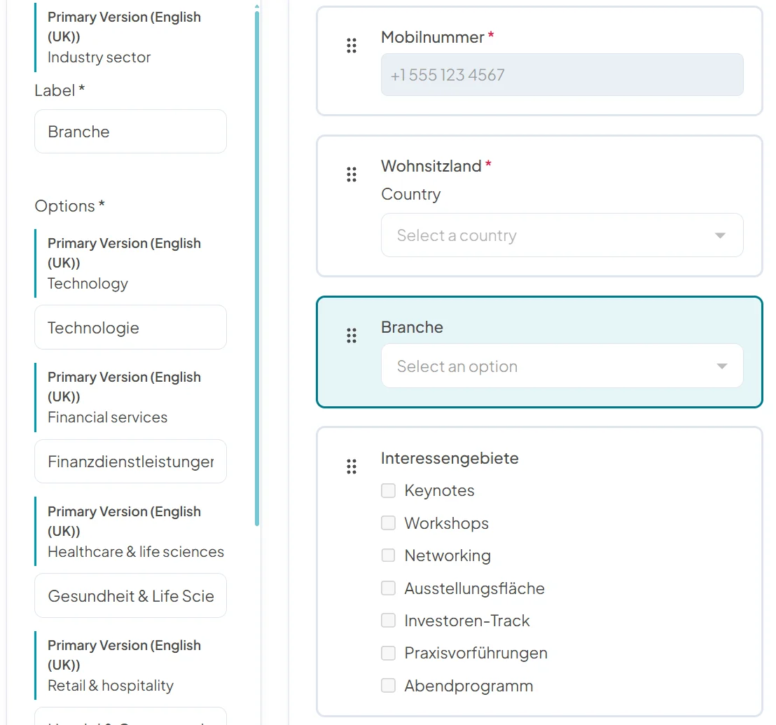 Form builder in German translation mode: the selected question shows its English primary wording above each German field, label and answer options, beside the form layout with German labels