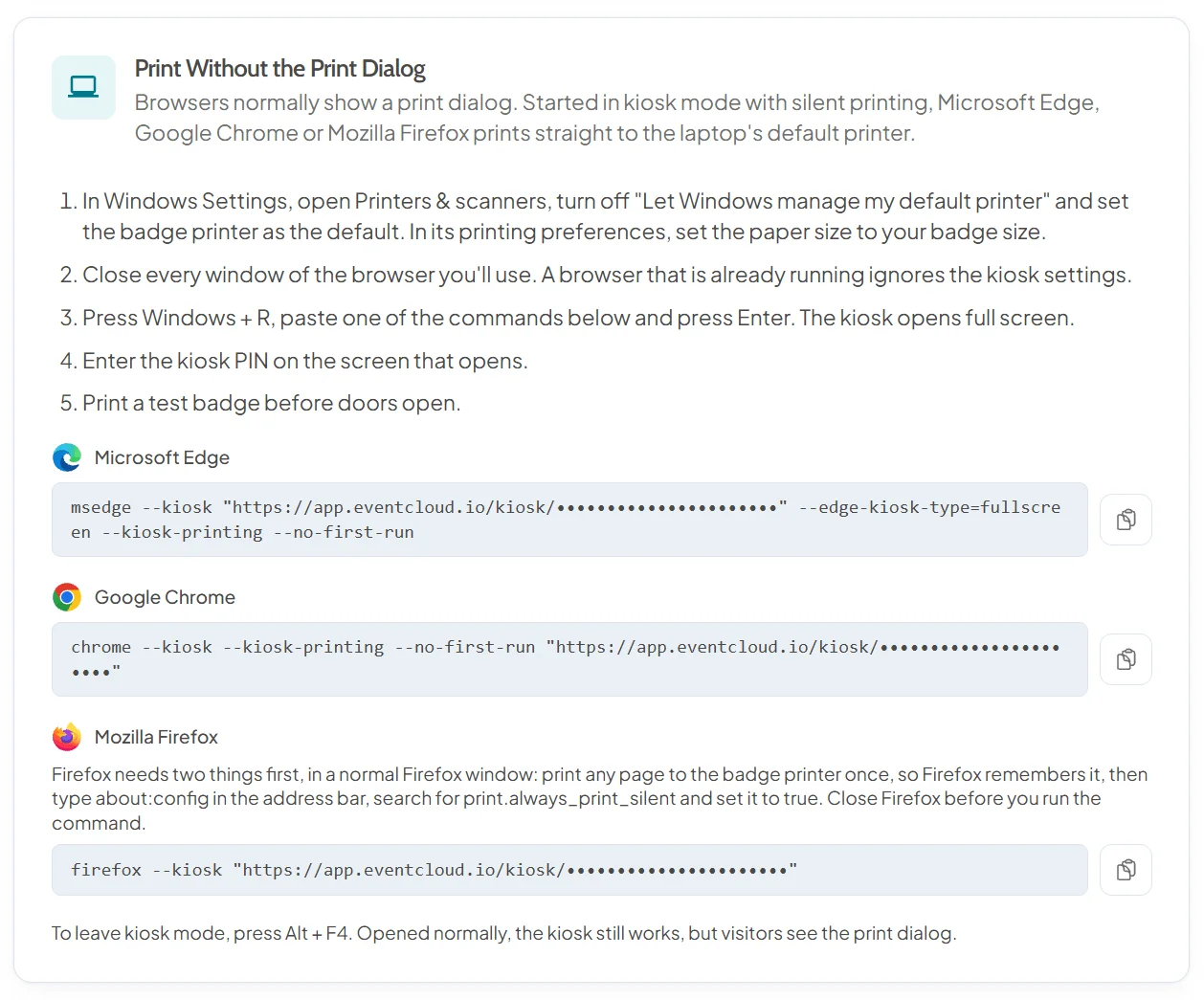 Print Without the Print Dialog card with five steps for Windows and ready-made kiosk commands for Microsoft Edge, Google Chrome and Mozilla Firefox