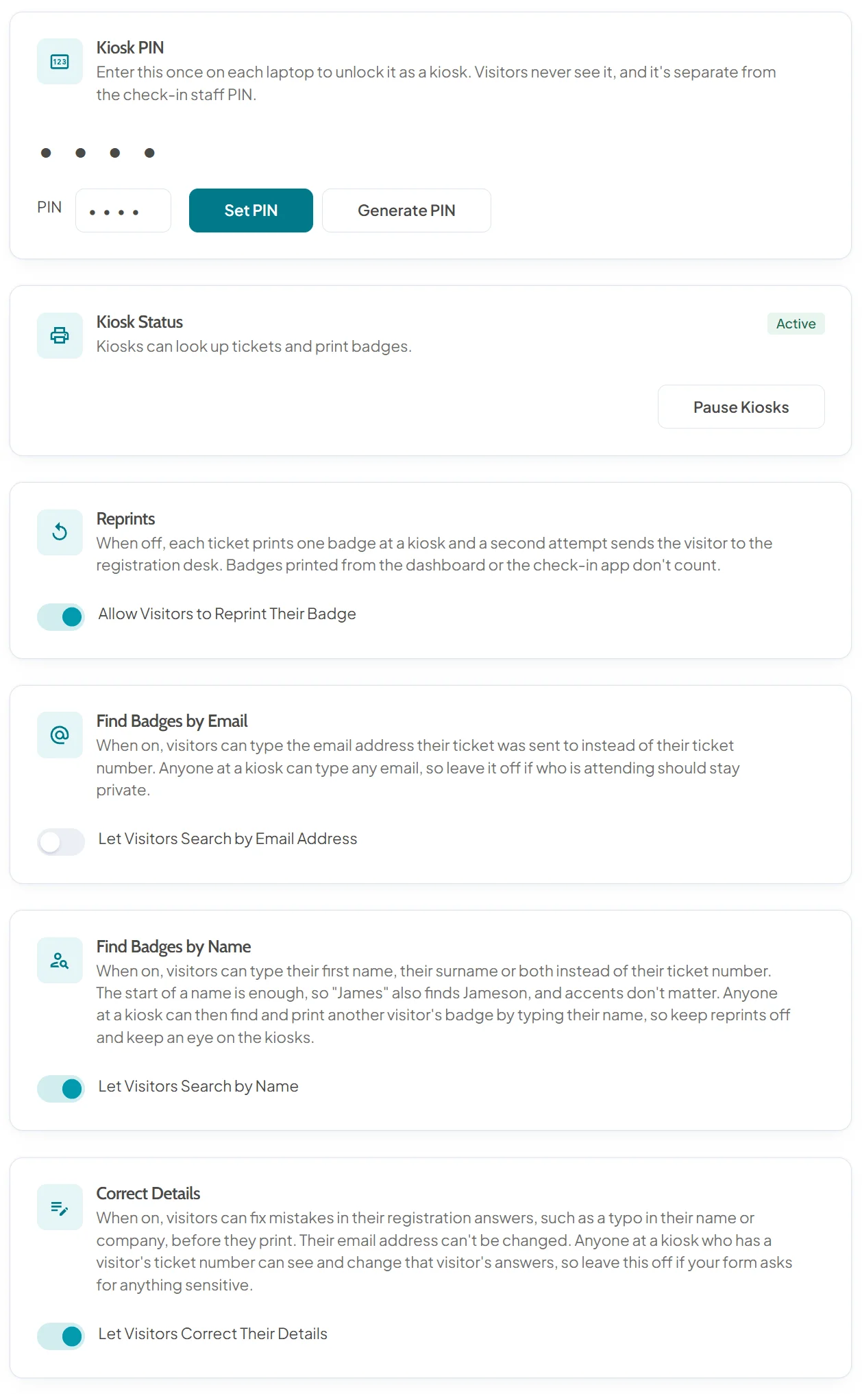 Badge kiosk settings with the kiosk PIN (masked), kiosk status active, and switches for reprints, finding badges by email, finding badges by name and letting visitors correct their details