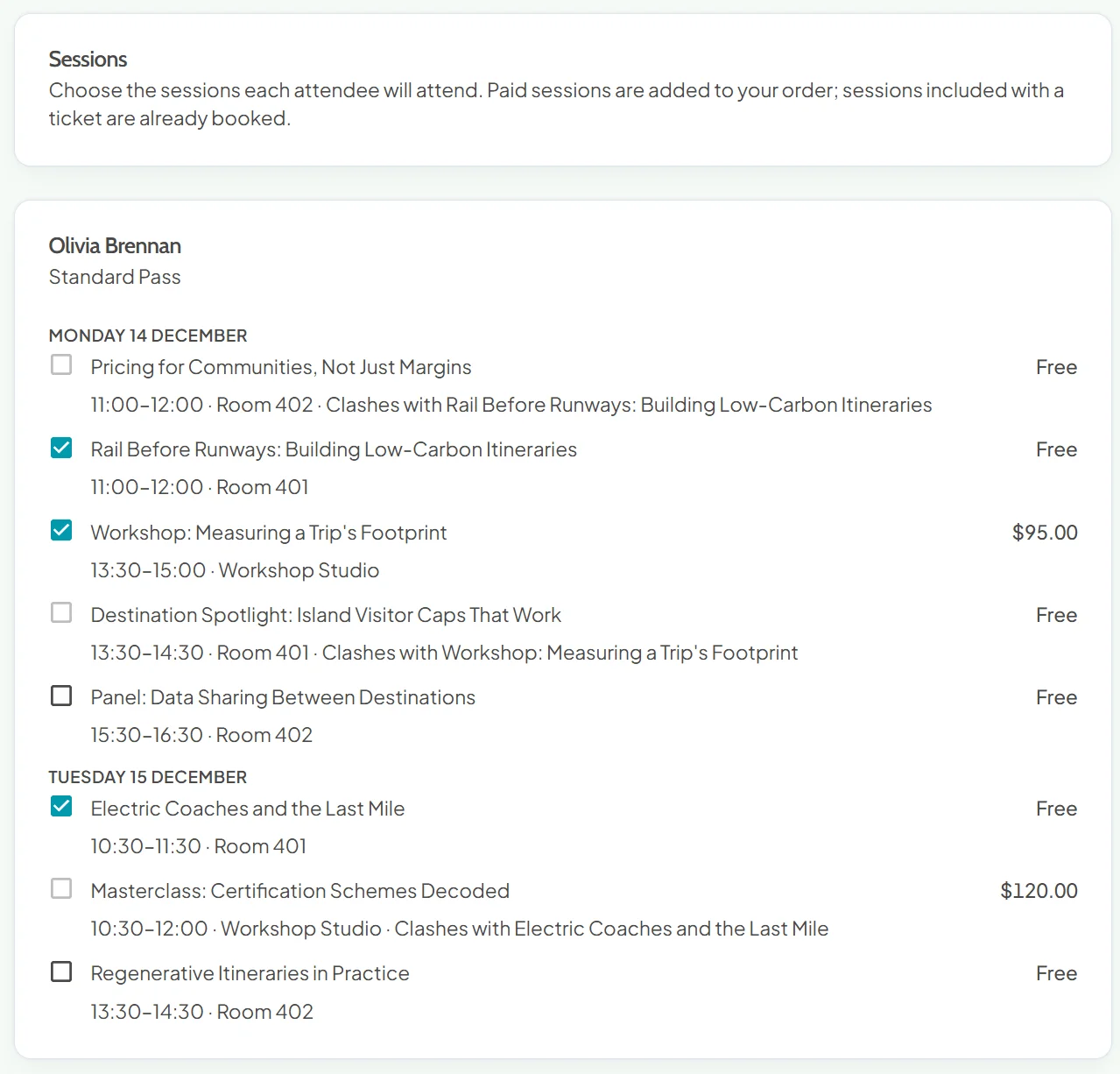 Sessions step of a public checkout with one card per named attendee: sessions grouped by day with times, rooms and prices, three ticked, and sessions that overlap a chosen one disabled with a note naming the clash