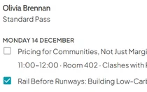 Sessions step of a public checkout with one card per named attendee: sessions grouped by day with times, rooms and prices, three ticked, and sessions that overlap a chosen one disabled with a note naming the clash