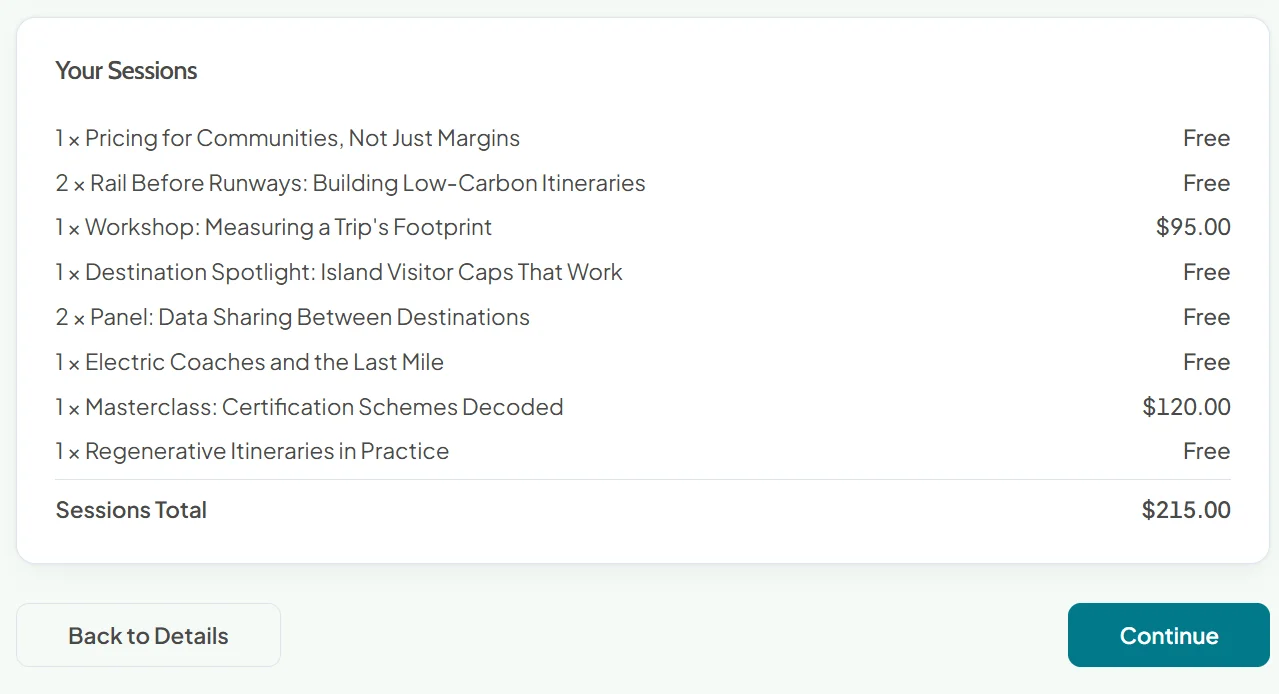 Your Sessions summary at checkout listing each chosen session with how many places, free sessions marked Free, a paid workshop, a paid masterclass and the sessions total