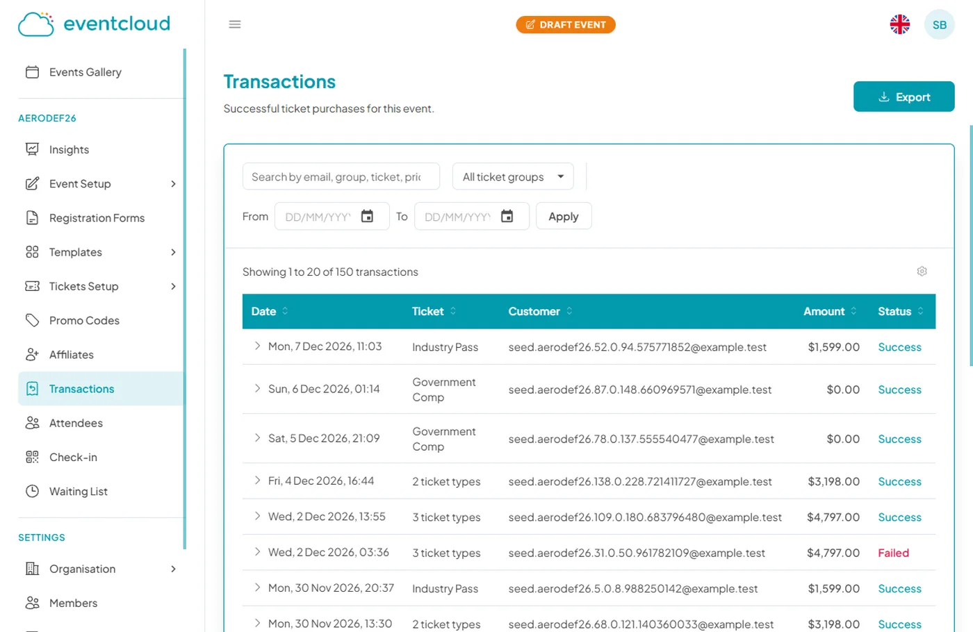 eventcloud transactions list showing successful ticket purchases