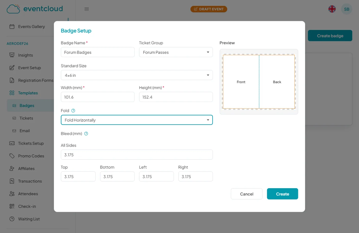 eventcloud badge setup with sizes, fold and bleed options