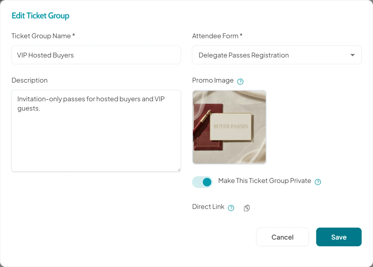 Ticket group settings with the group set to private and a direct link to copy and share with invited guests