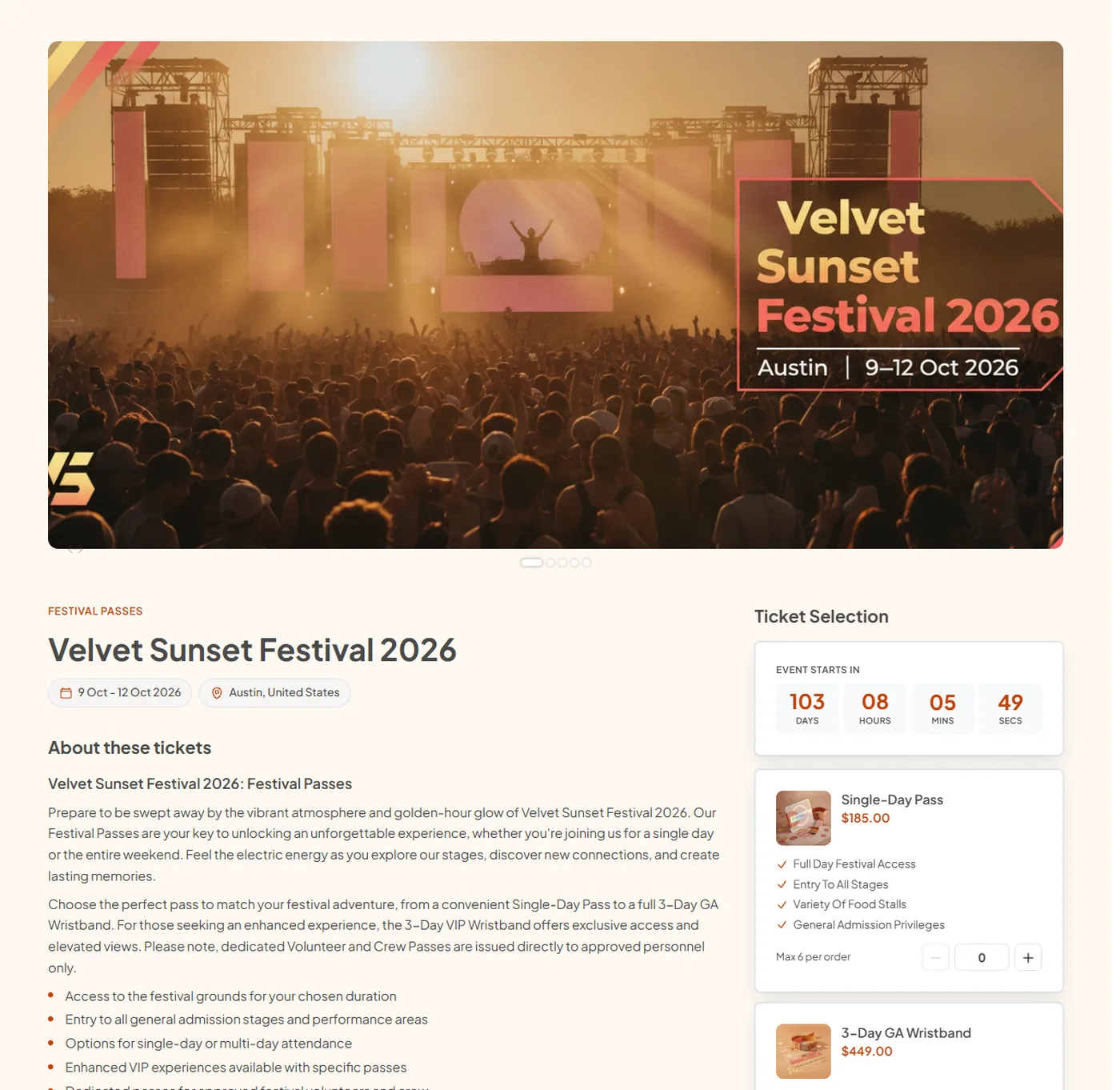 Branded public festival event page on eventcloud with countdown and ticket selection