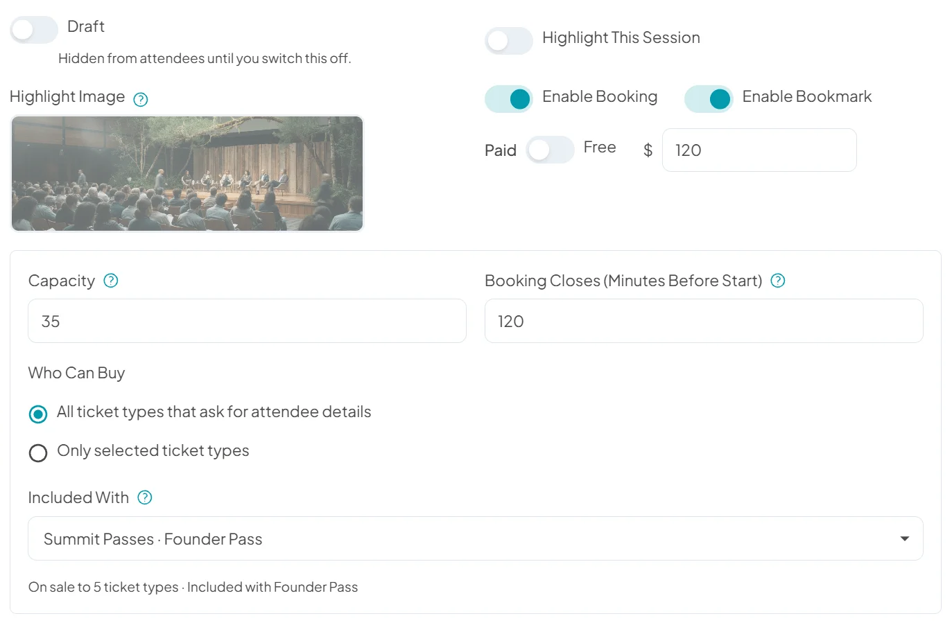 Booking settings for one agenda session: booking switched on, a price, a capacity, the booking cut-off, who can buy and the pass it comes with