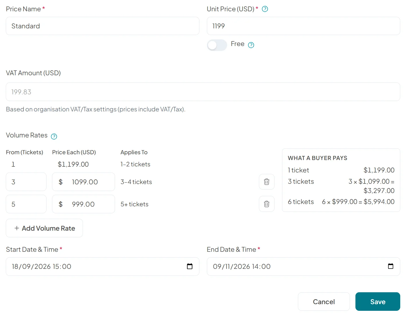 Price editor for a standard price window showing the VAT amount worked out from the organisation's VAT setting, with prices including VAT