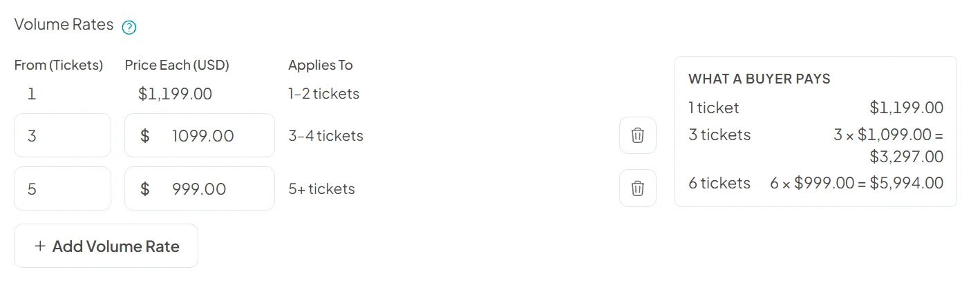 Group rates editor on a ticket price, with lower prices from three and from five tickets and a preview of what a buyer pays