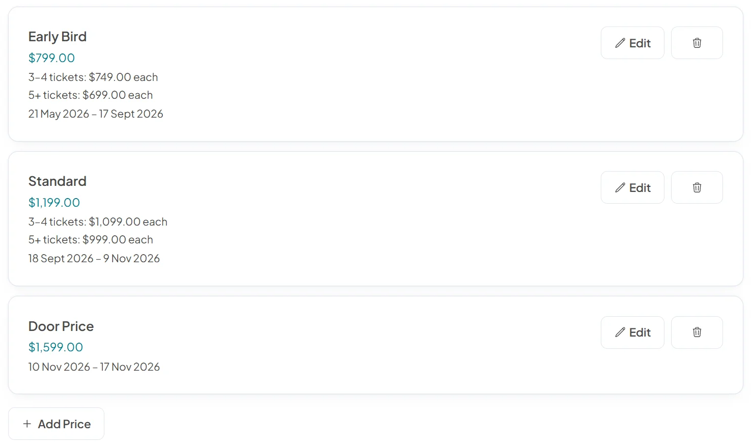 Price windows for an industry pass: early bird, standard and a door price, each with its dates, an Edit button and its group rates
