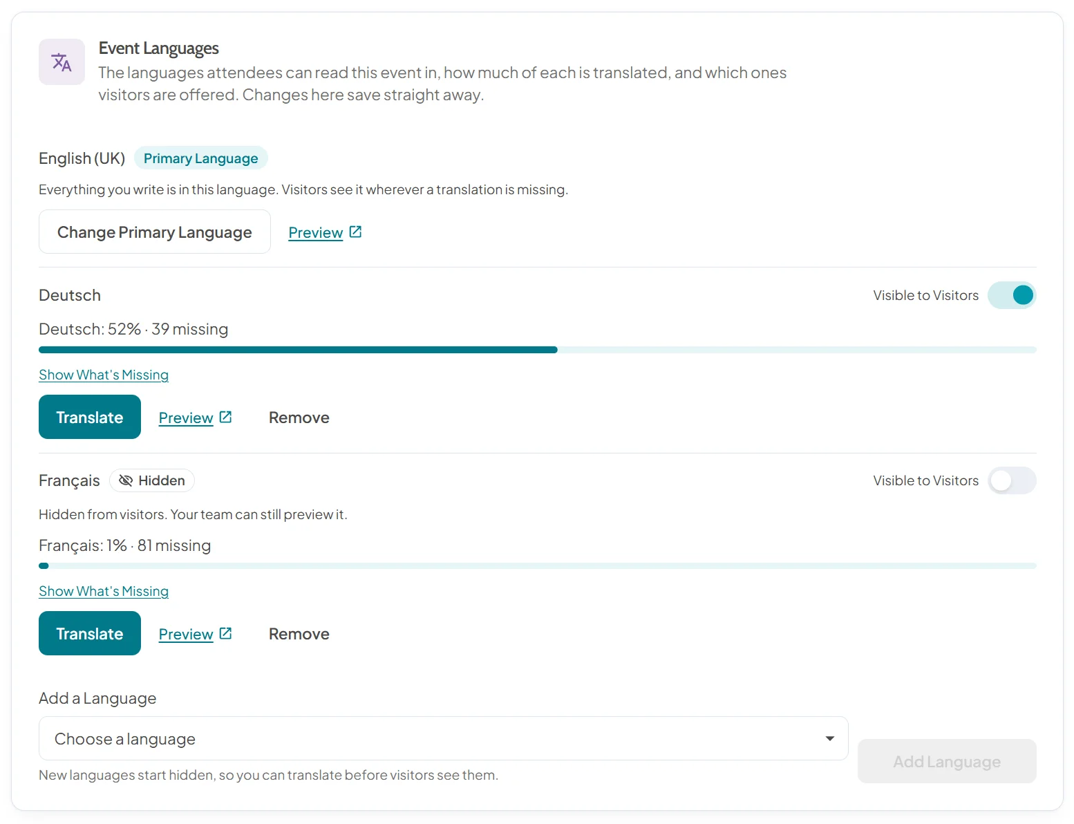 Event Languages card with English (UK) as the primary language, Deutsch visible to visitors at 52 percent translated with 39 items missing, Français hidden at 1 percent, and a picker to add another language