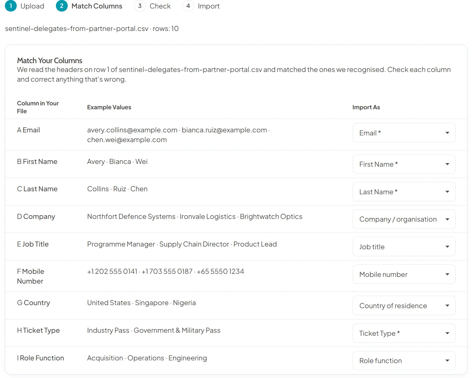 Match Your Columns step of an attendee import listing each column in the uploaded file with example values and the registration question it will be imported as, such as email, names, company, job title and mobile number