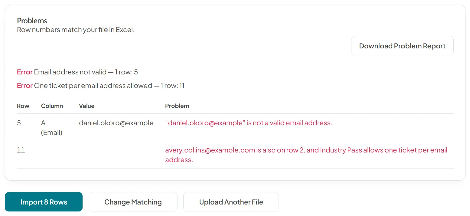 Problems found in an attendee import file, listed by row: an email address that is not valid on row 5 and a repeated email on row 11 for a pass that allows one ticket per email address, with a button to download the problem report
