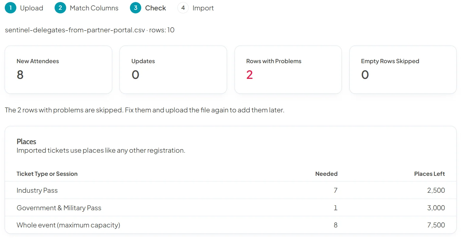 Attendee import at the Check step: eight new attendees, no updates, two rows with problems and no empty rows, with a places table showing how many of each ticket type the import needs and how many are left