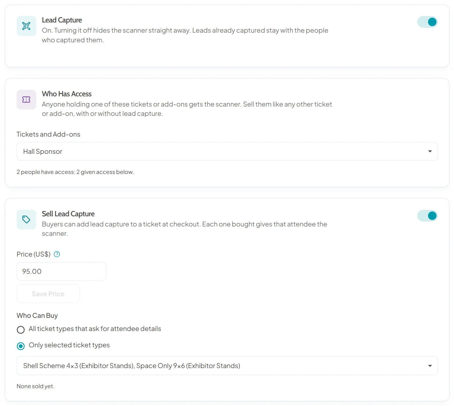 Lead Capture settings for one event: the switch that turns the scanner on, the ticket types whose holders get it, and Sell Lead Capture with a price per ticket for selected stand tickets