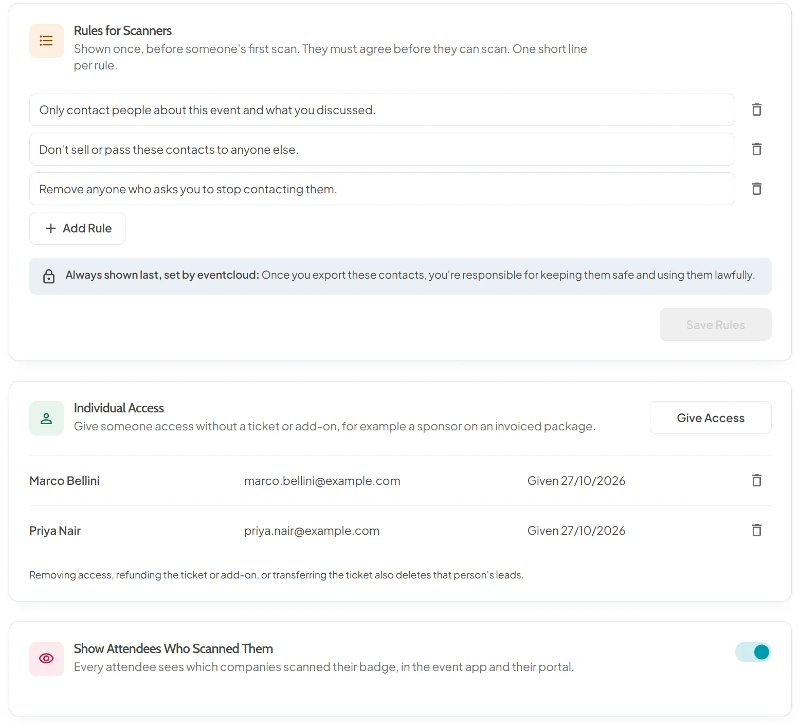 Rules for Scanners that exhibitors agree to before their first scan, with a fixed closing line set by eventcloud, two people given scanner access by name, and the switch that shows attendees who scanned them