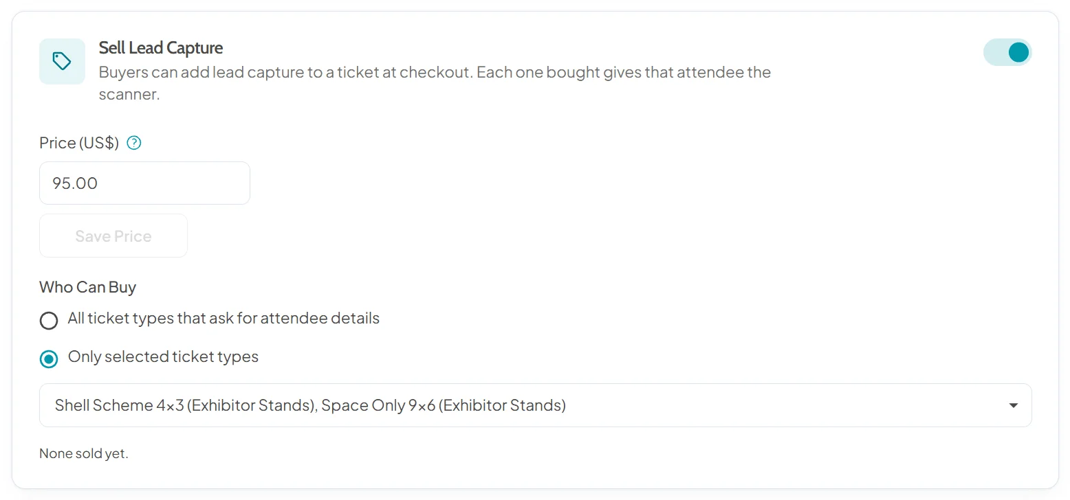 Sell Lead Capture card switched on, with a price per ticket and Who Can Buy set to selected ticket types: shell scheme and space only stands