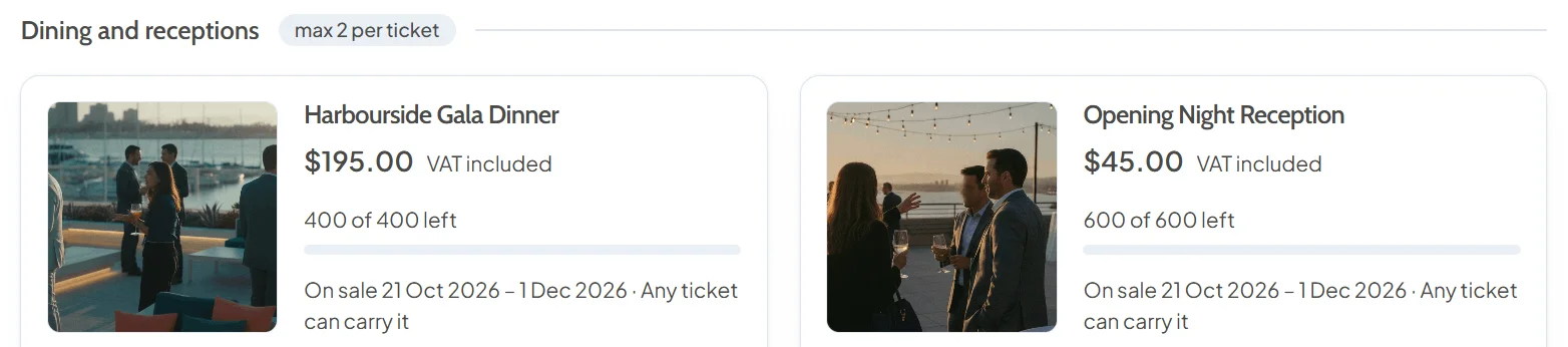 Add-ons in the Dining and receptions category, max 2 per ticket: a harbourside gala dinner and an opening night reception, each with a photo, a price including VAT, places left and a sale window