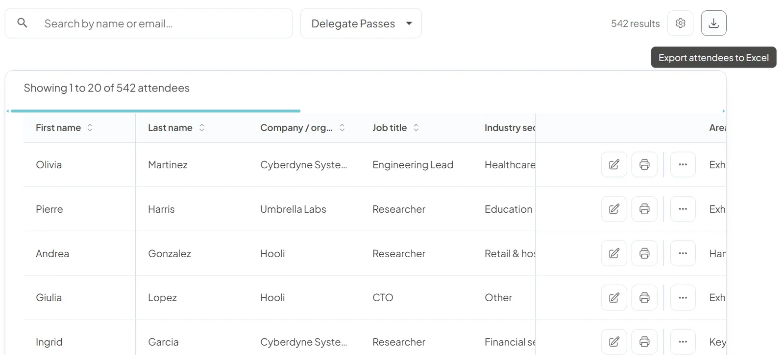 Attendee list for 542 delegate passes with search, a ticket group filter, column settings and an Export attendees to Excel button, above rows of first names, last names, companies and job titles