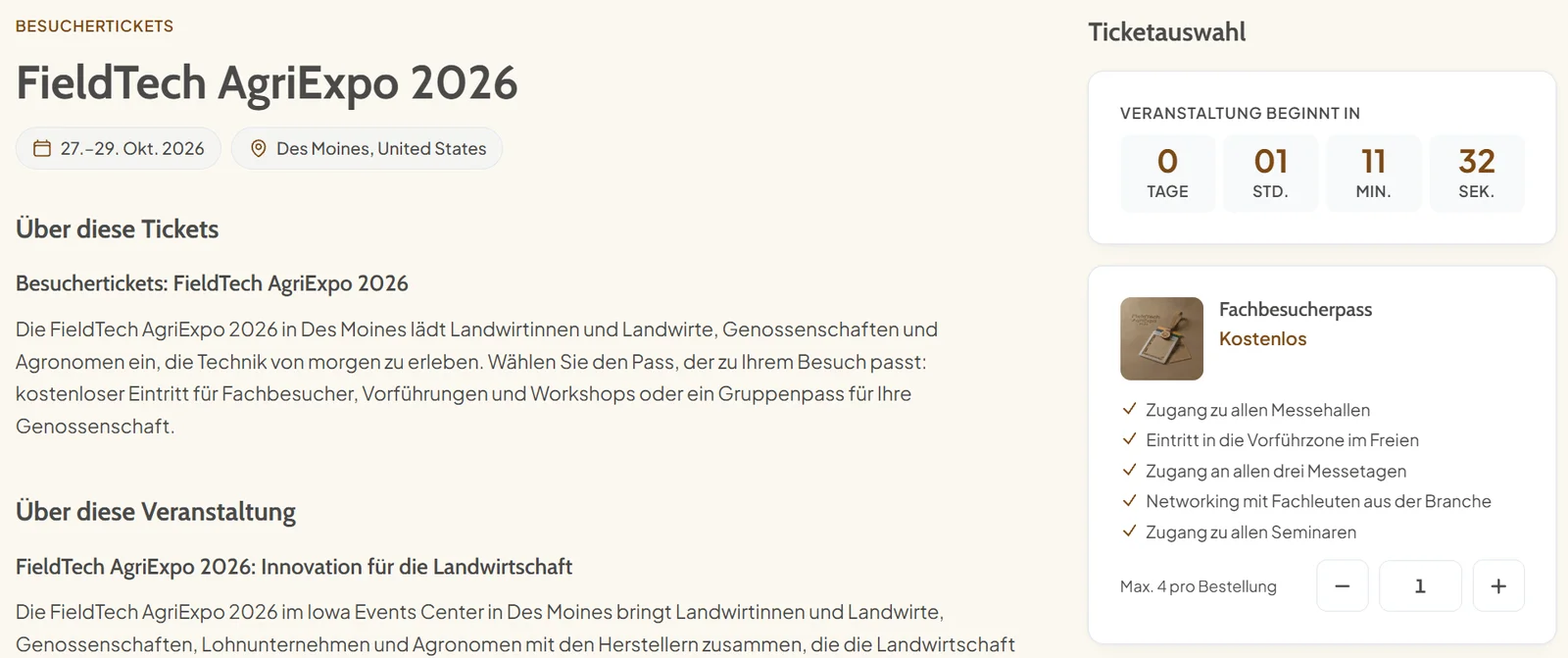 Ticket selection page of an event website in German, with the ticket group description, the countdown and a free Fachbesucherpass with translated perks and a quantity of one