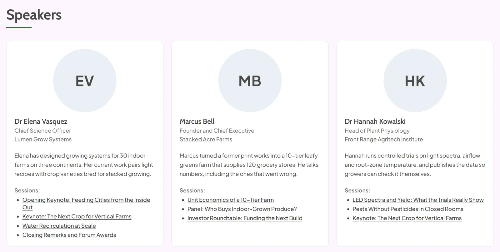 Speakers page of an event website with a profile card for each speaker showing their initials, name, job title, company, biography and links to their sessions