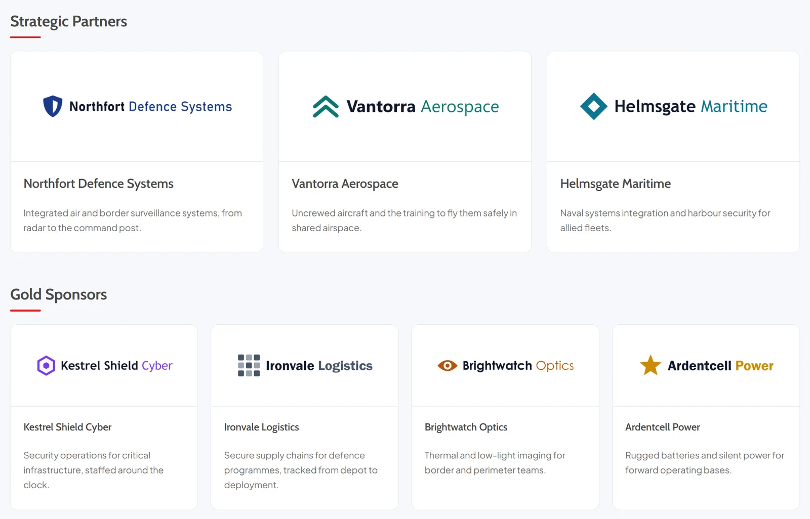 Sponsors page of an event website with Strategic Partners three across and Gold Sponsors four across, each card led by the sponsor's logo with its name and a one-line statement