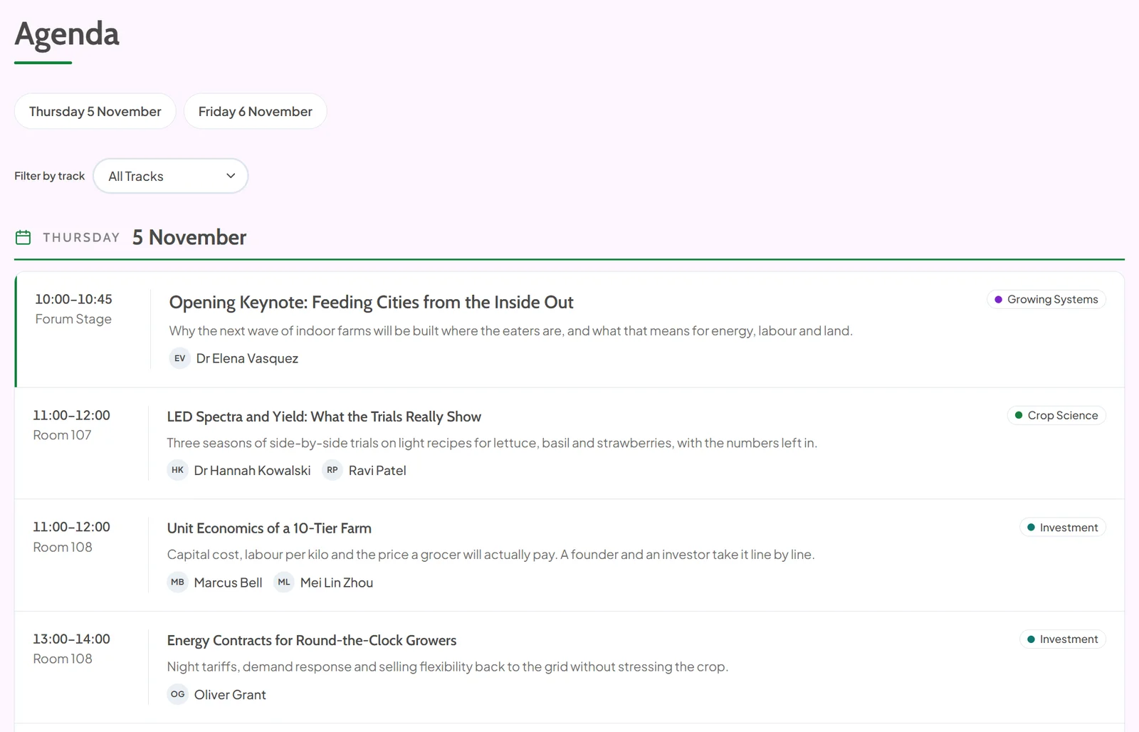 Agenda page of an event website with a tab for each day, a filter by track, and sessions listed with their times, rooms, track labels, descriptions and speakers