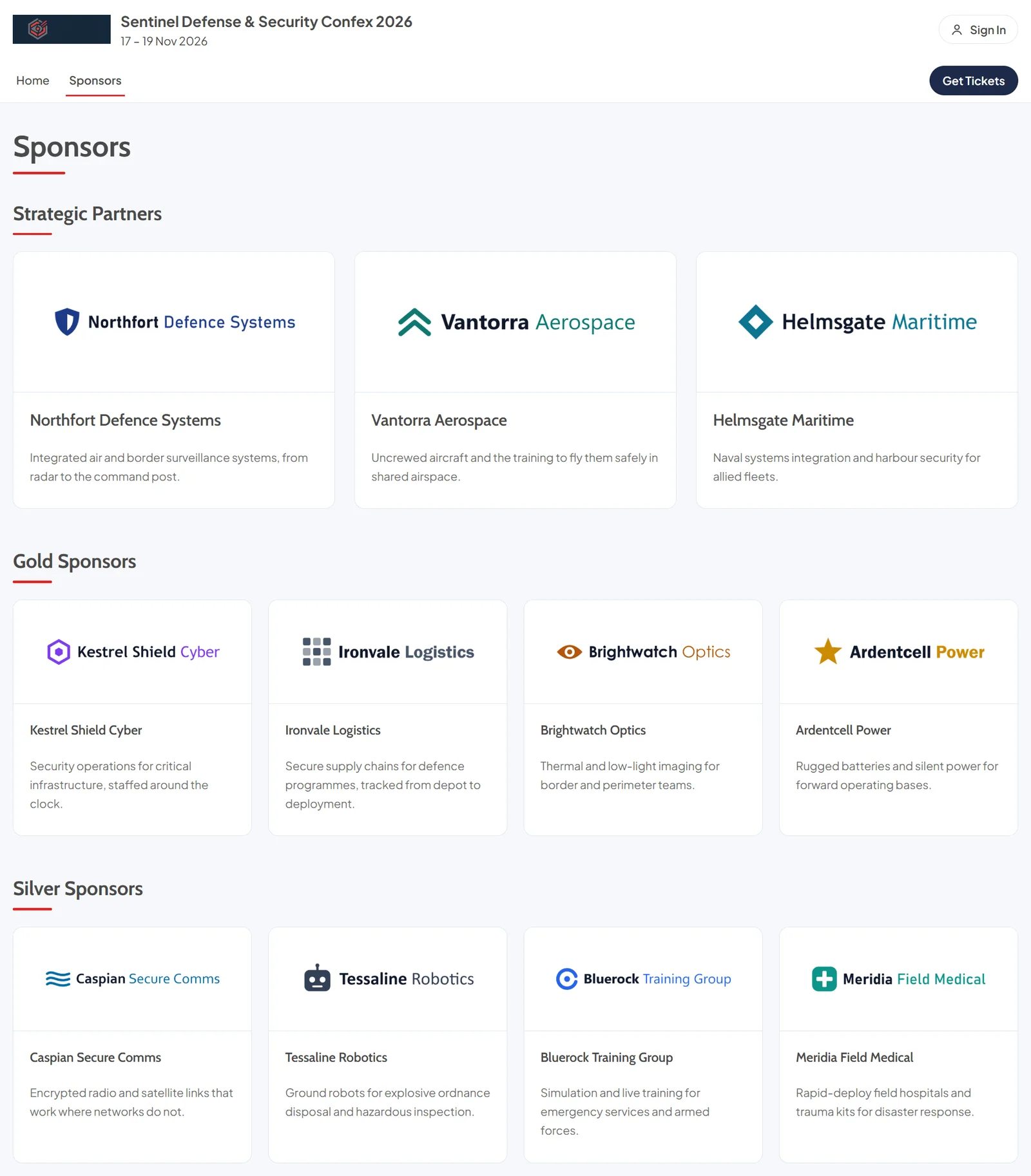 Sponsors page of an event website with the site header and three tiers, Strategic Partners, Gold Sponsors and Silver Sponsors, each sponsor shown with its logo, name and statement
