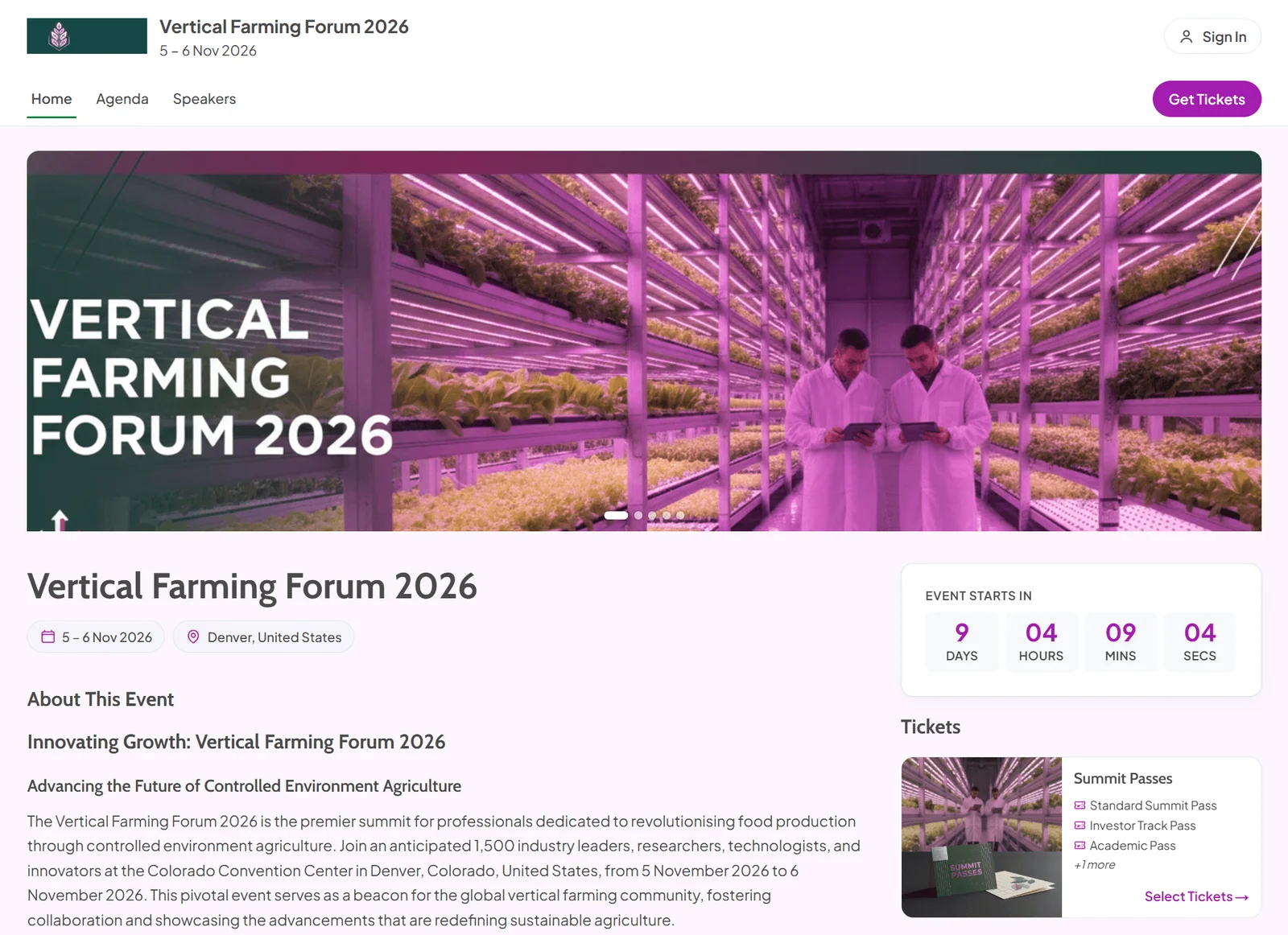Home page of a summit's event website with the event logo, Home, Agenda and Speakers navigation, a full-width image banner, the dates and city, a countdown and the ticket groups