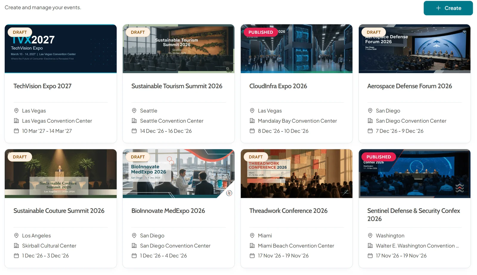 Events gallery with eight conferences, summits, expos and a confex shown as cards with a banner image, draft or published status, city, venue and dates