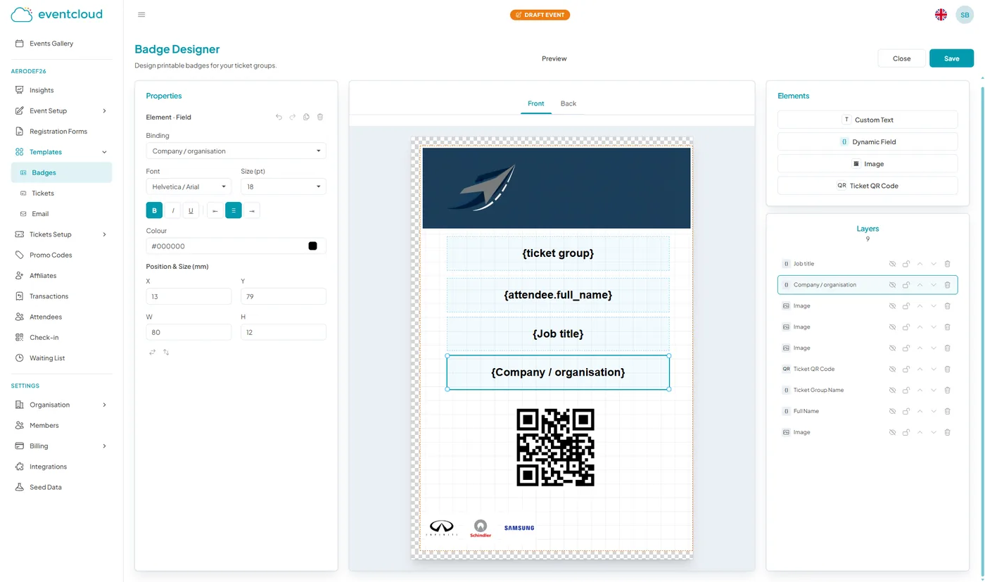eventcloud badge designer with dynamic fields and QR code