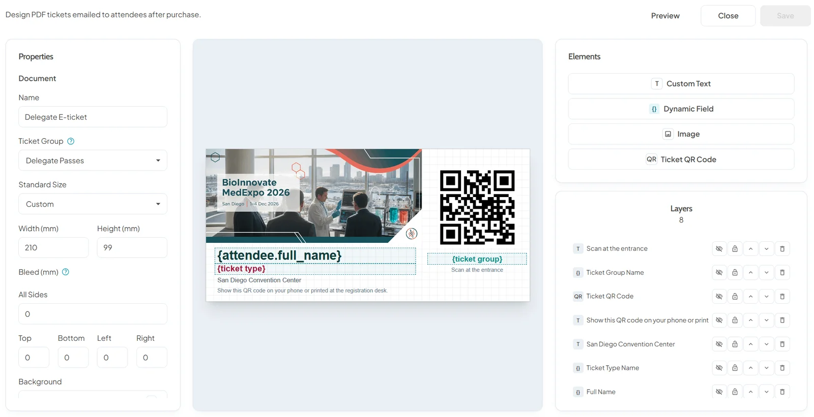 Ticket designer with a branded PDF ticket layout showing the event banner, the attendee's name, the ticket type, the venue and a QR code